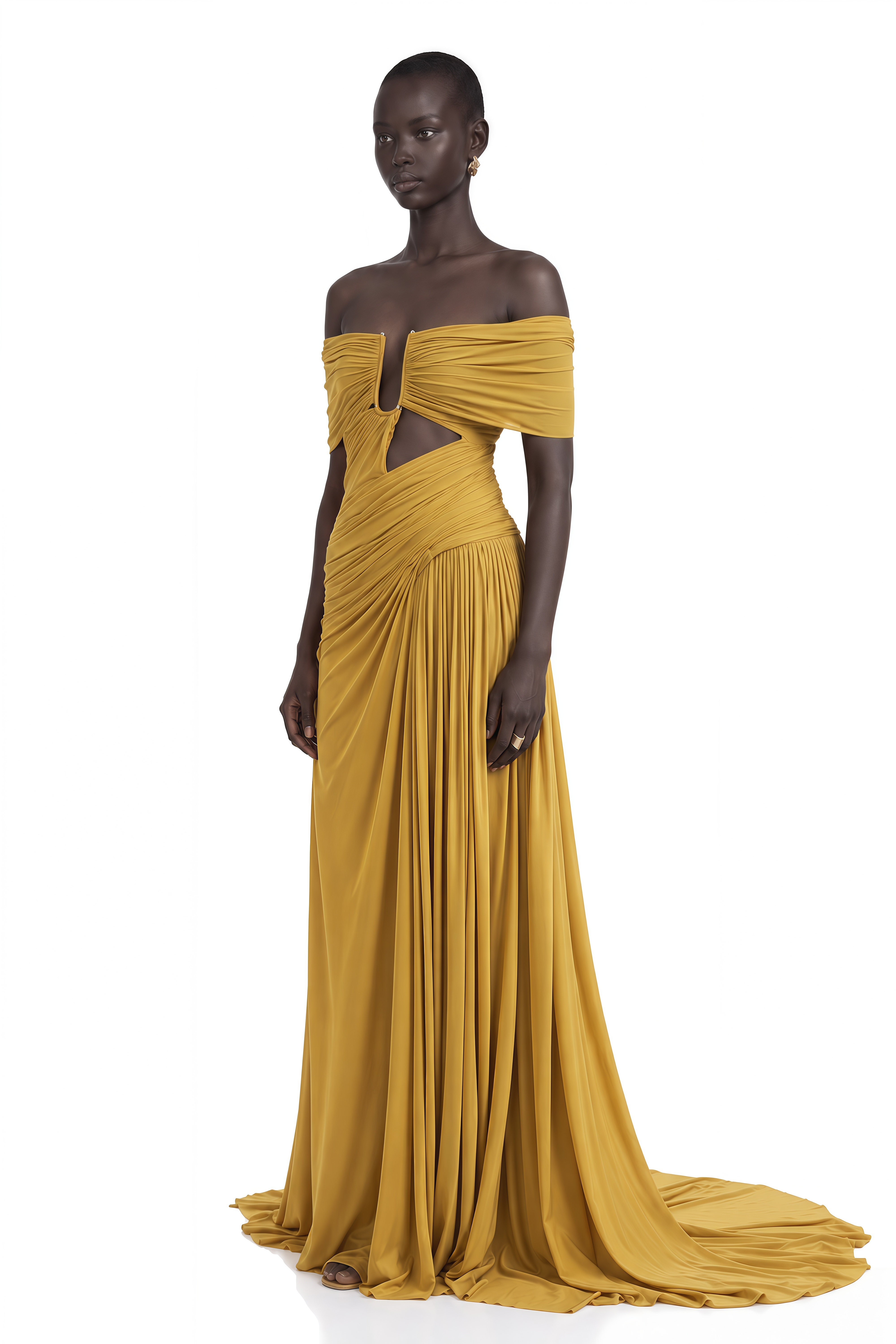 Ludivine Ocher Off-Shoulder Cut-Out Ruched Maxi Dress
