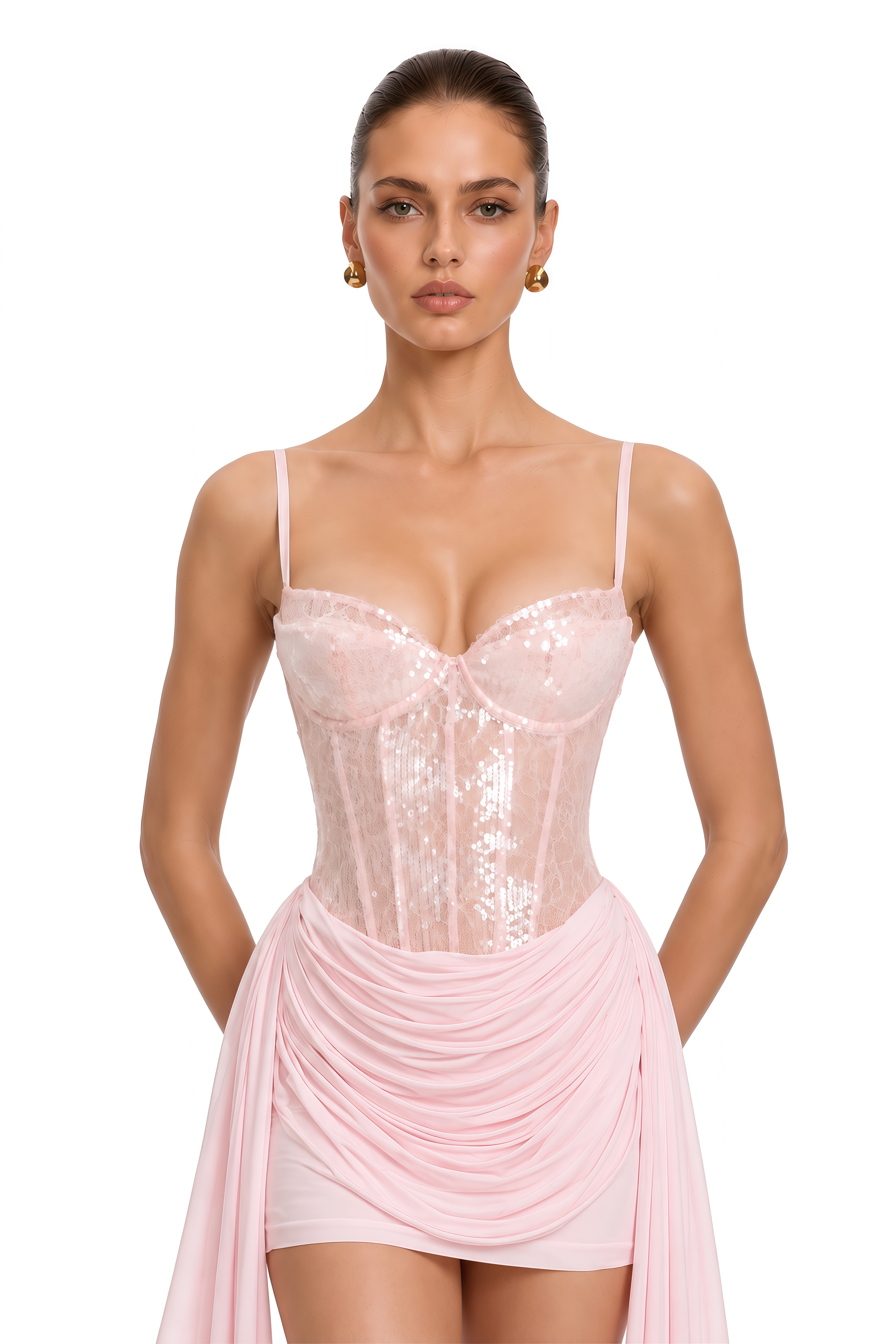 Wilhelmina Pink Ruched Mini Dress with Ribbon Detail
