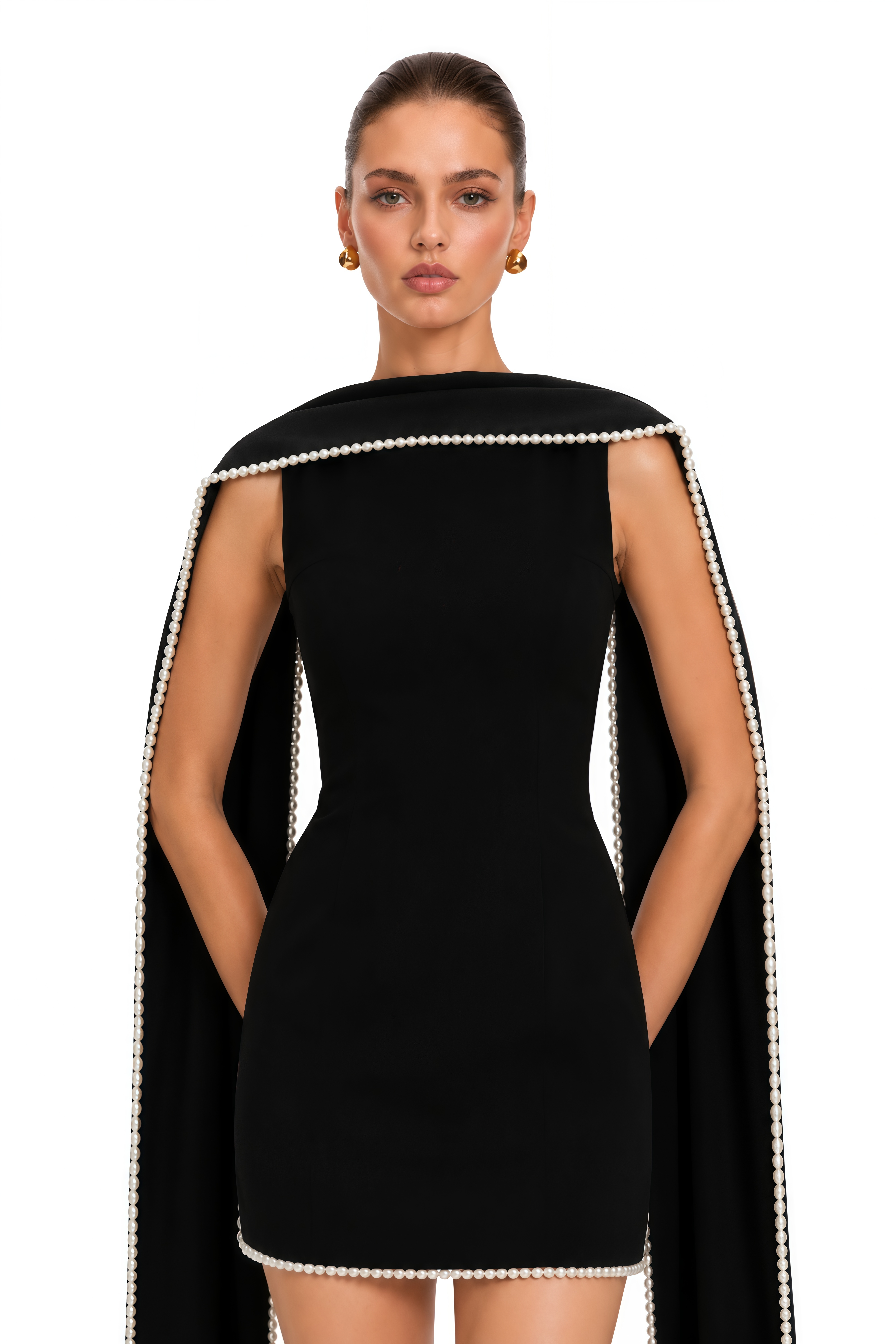 Piroska Black Sleeveless Pearl Trim Mini Dress