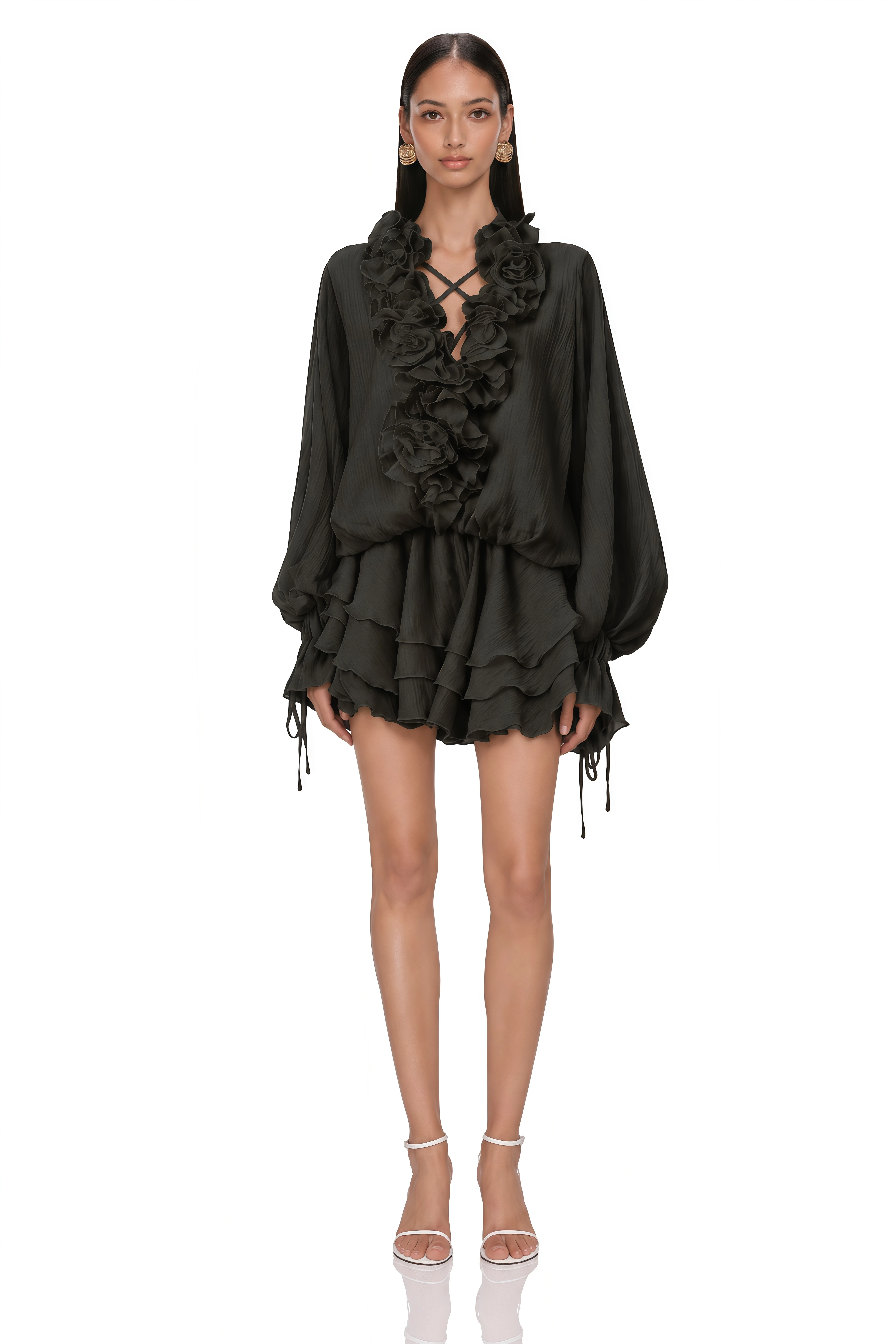 Zéphyrine Floral-Appliqué Tiered Mini Dress in Black