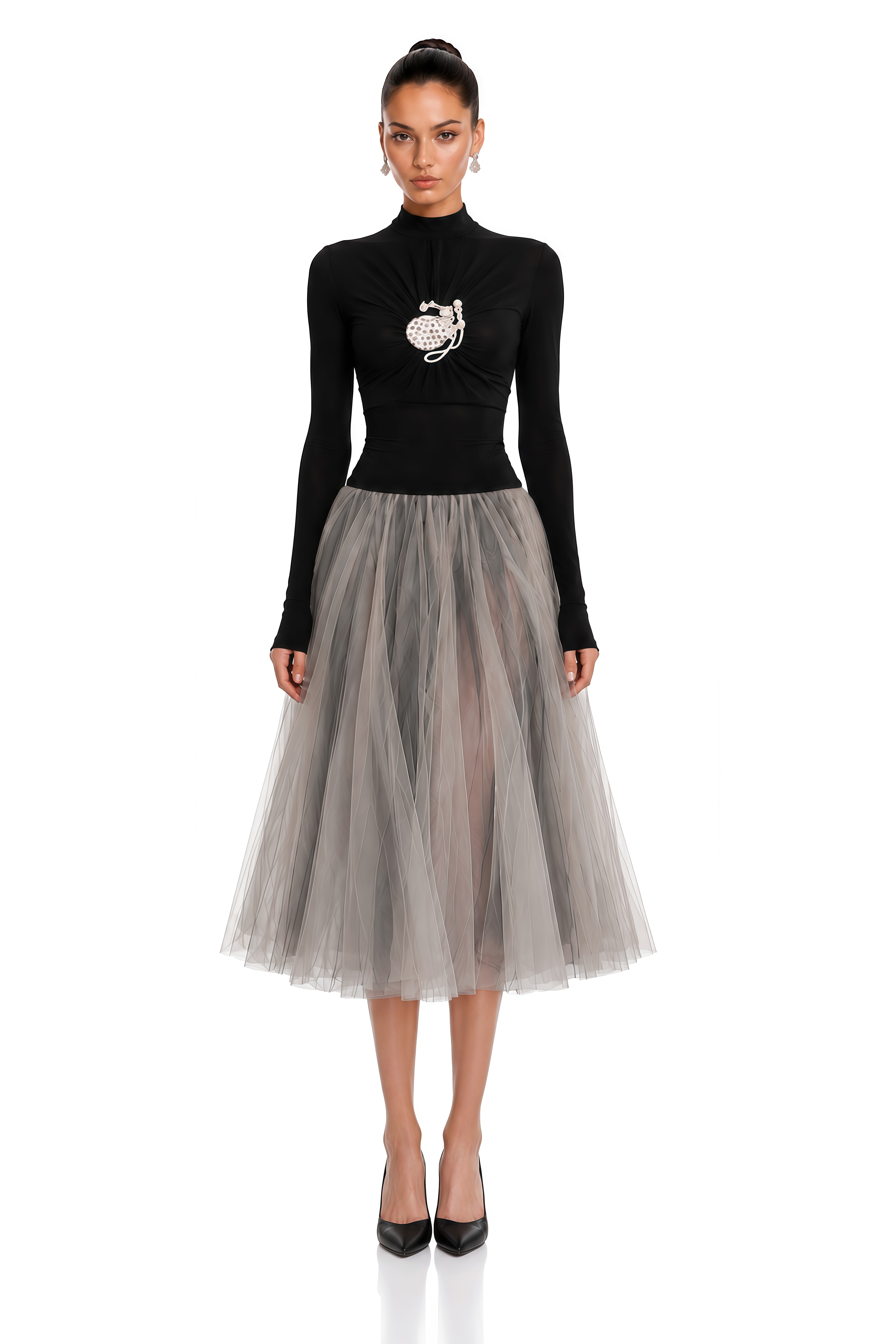 Cézanne Black Crochet Detail Tulle Panel Midi Dress
