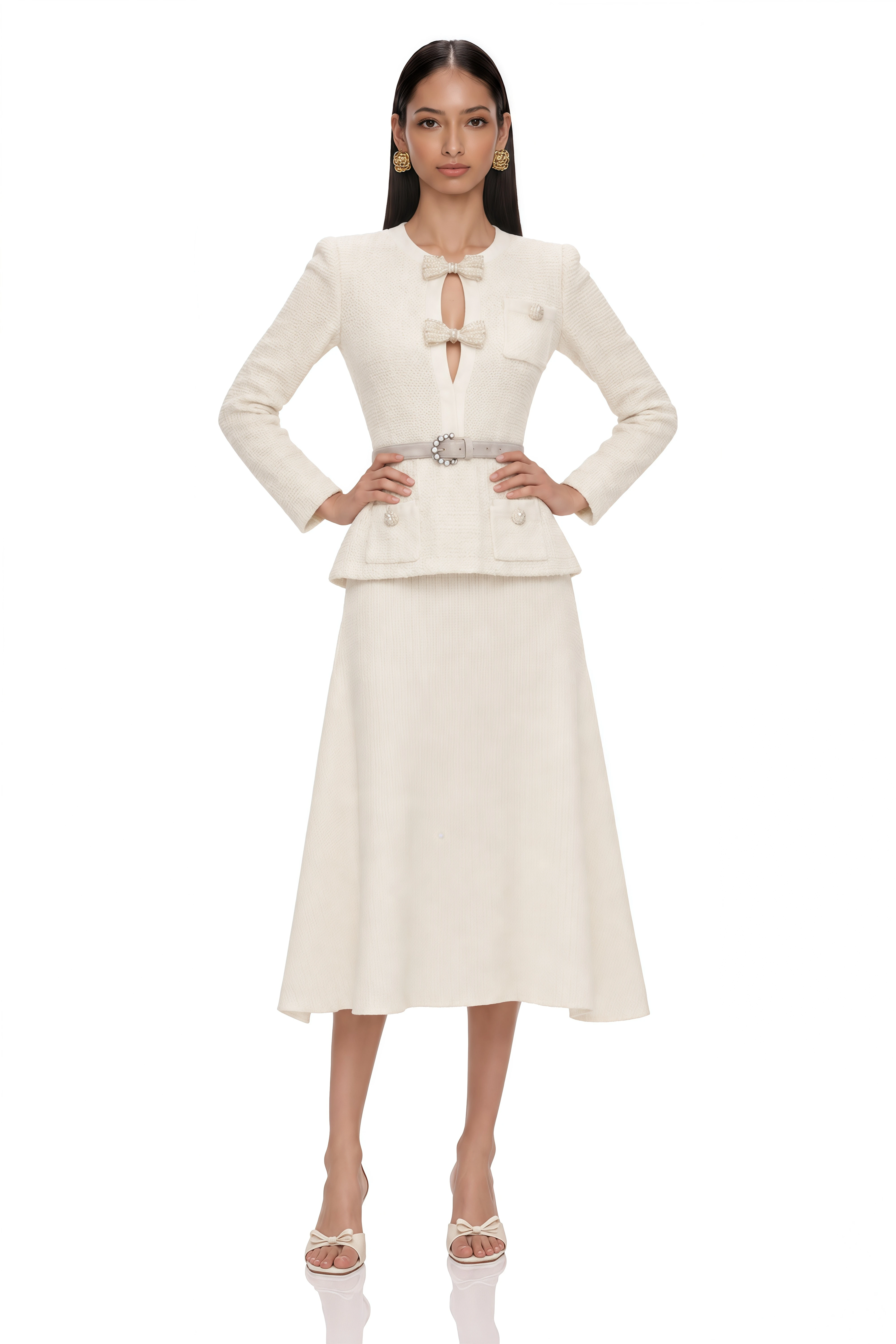Adélade White Embellished Knit Midi Dress