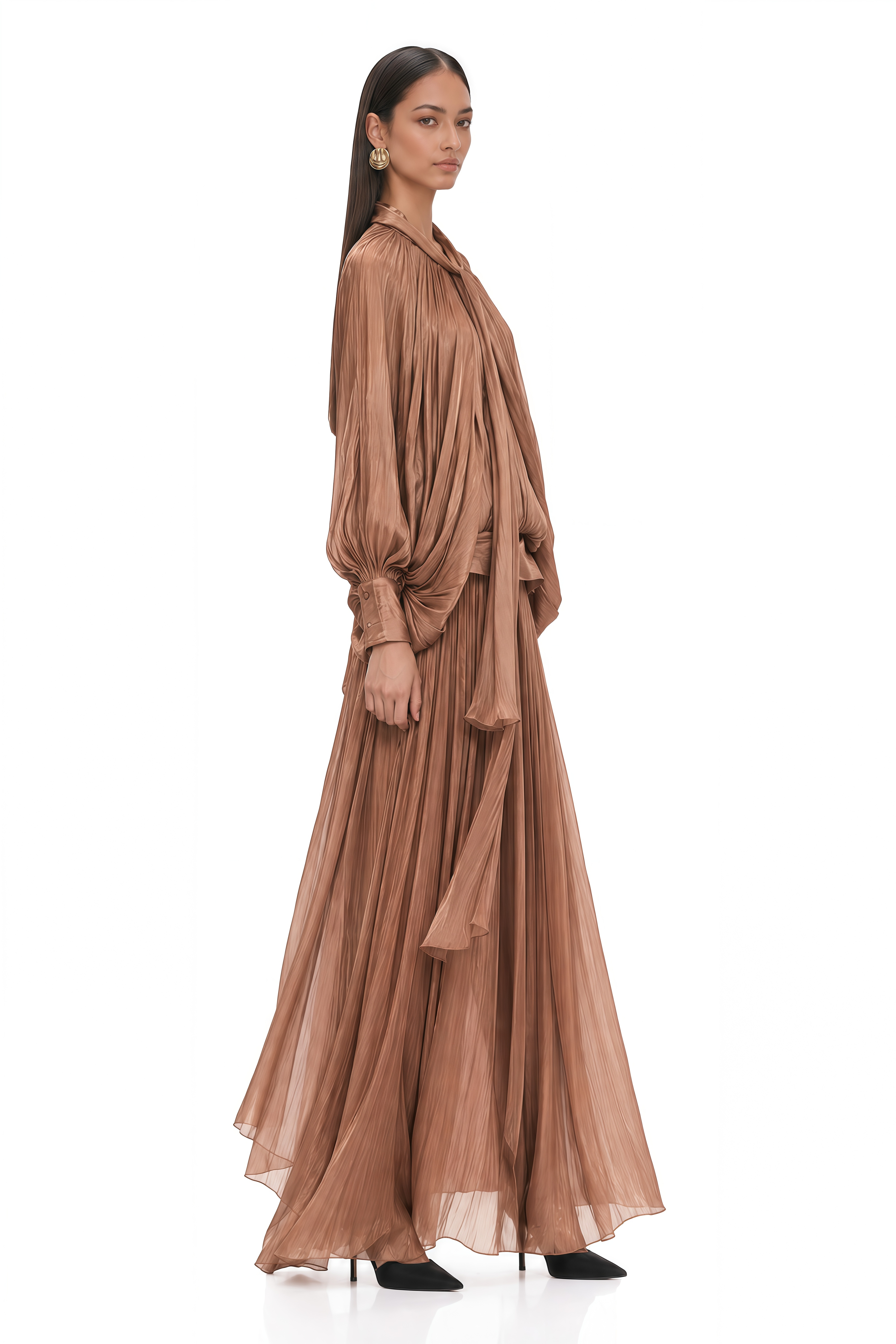 Mila Brown Pleated Satin Maxi Dress