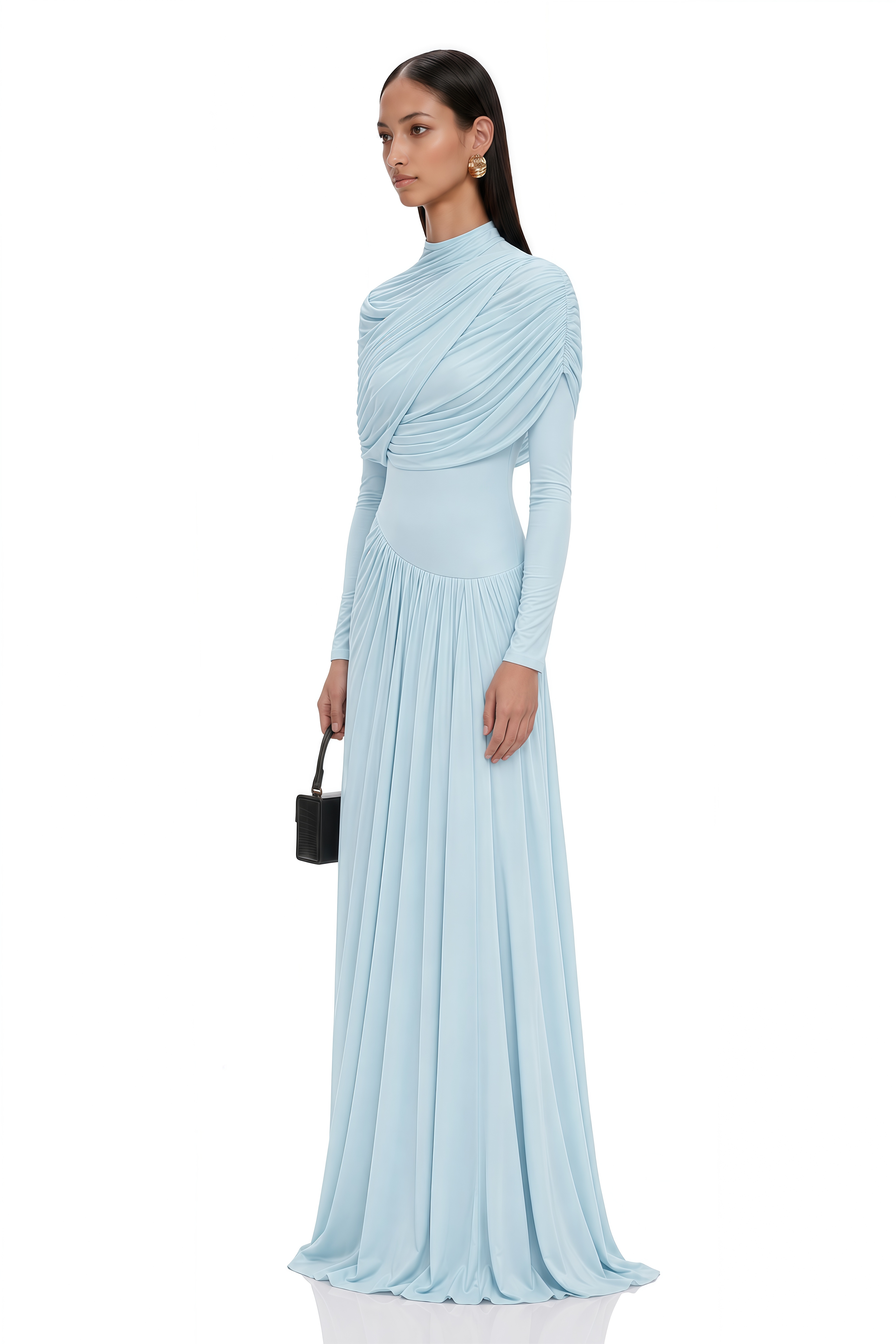 Catherine Baby-Blue Asymmetrical Pleated Long-Sleeve Maxi Dress