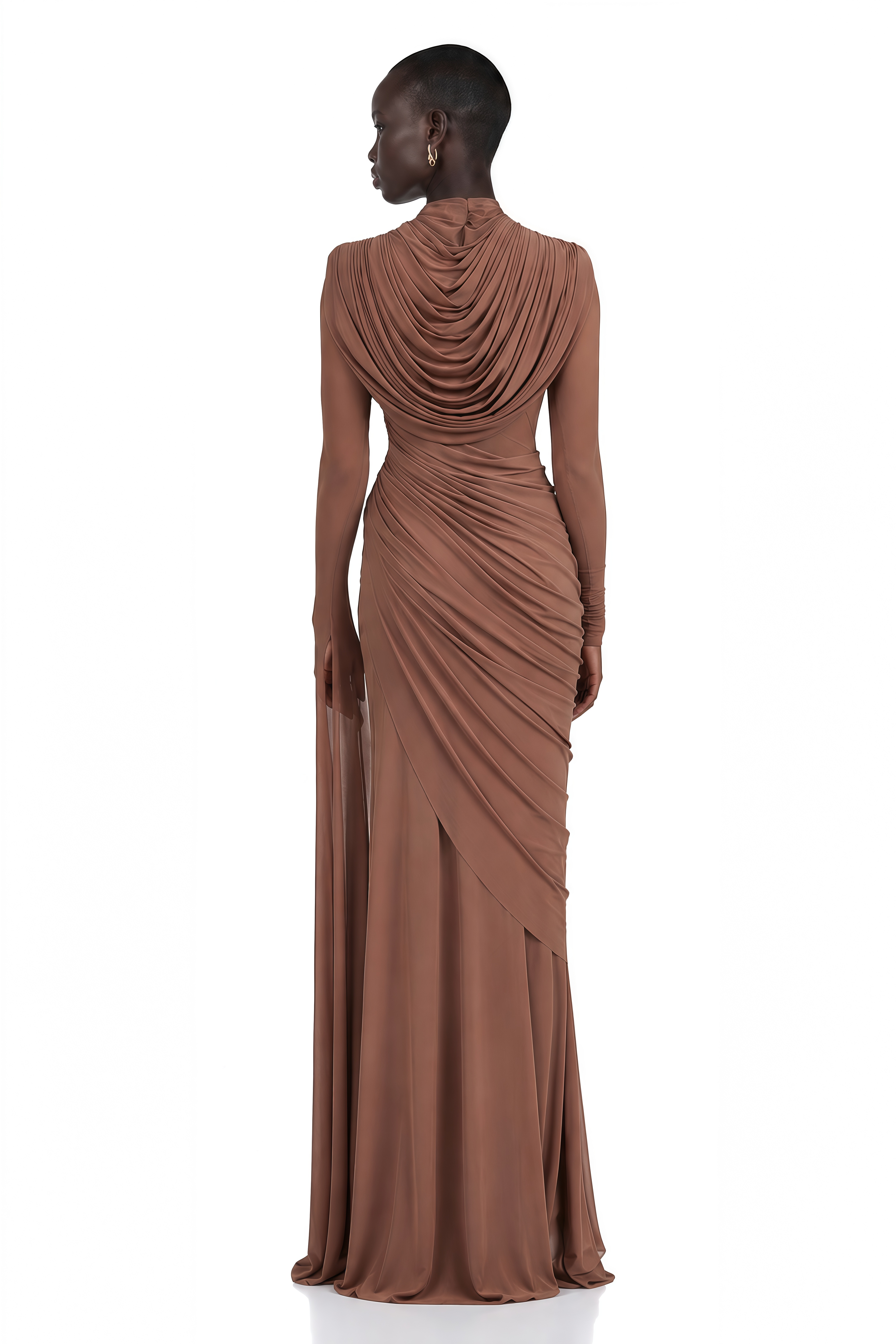 Danaé Brown Shirred-effect Draped Maxi Dress