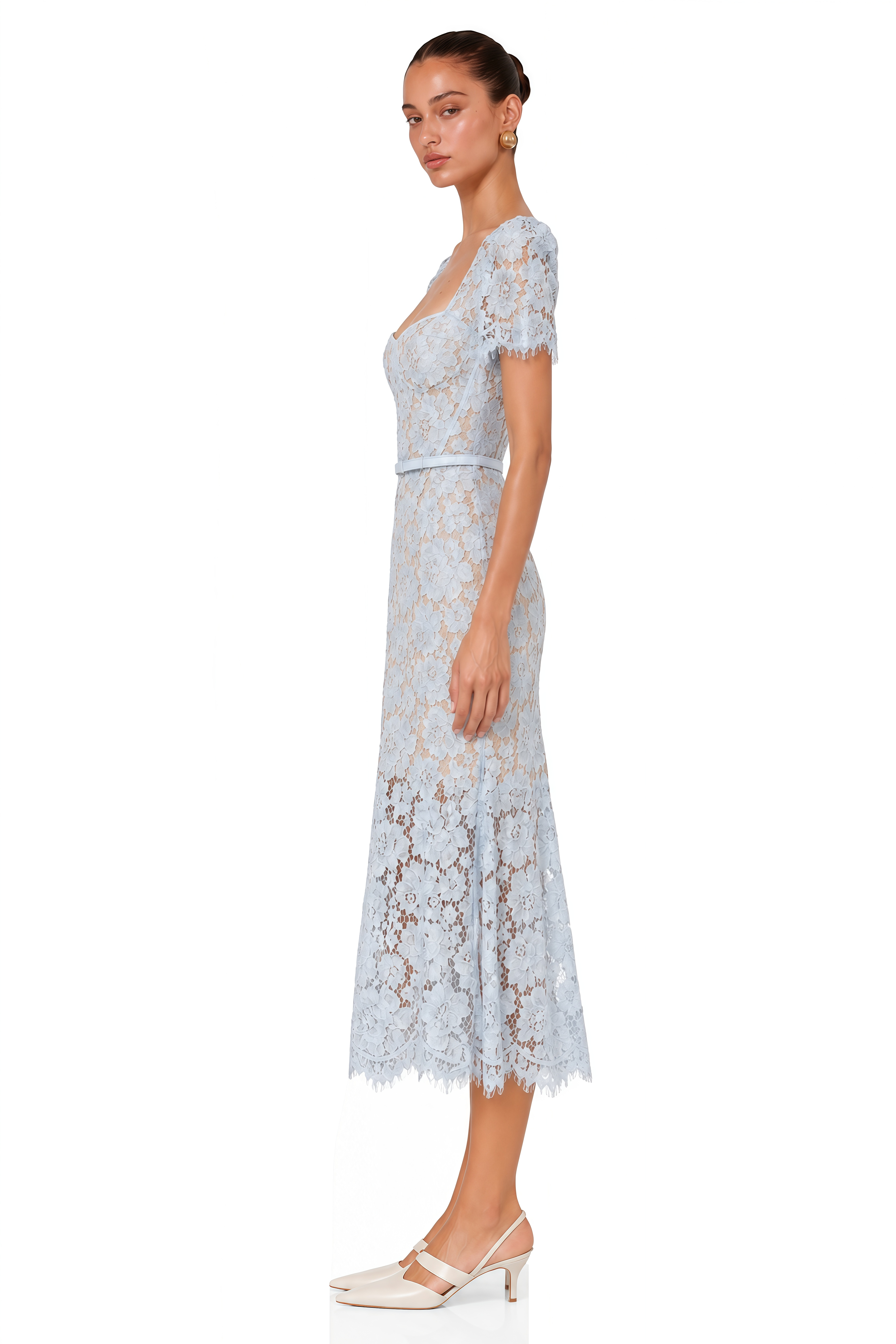 Audrey Blue Floral-Lace Boned Midi Dress