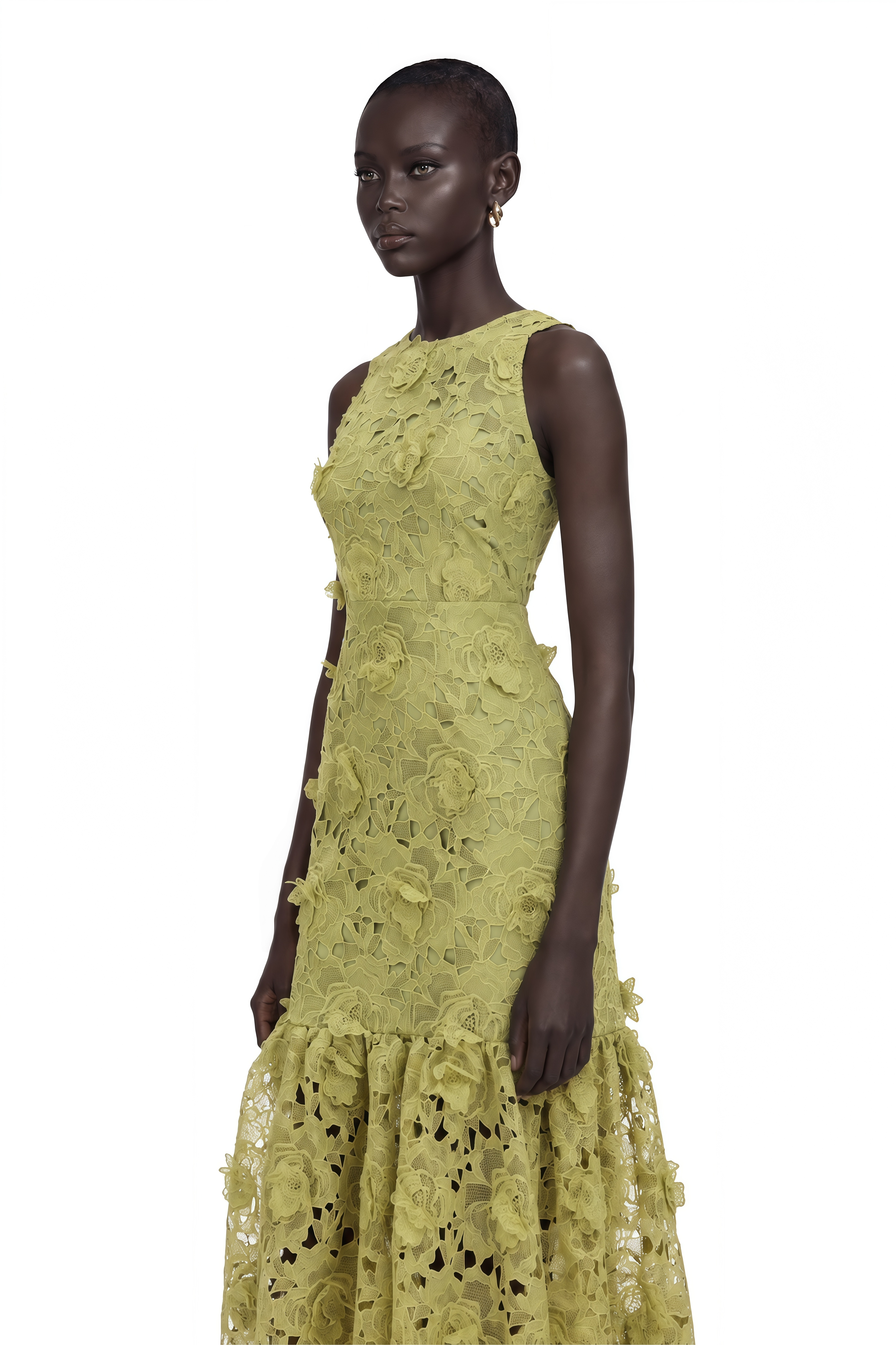 Briseis Olive Green Midi Dress with 3D Florals