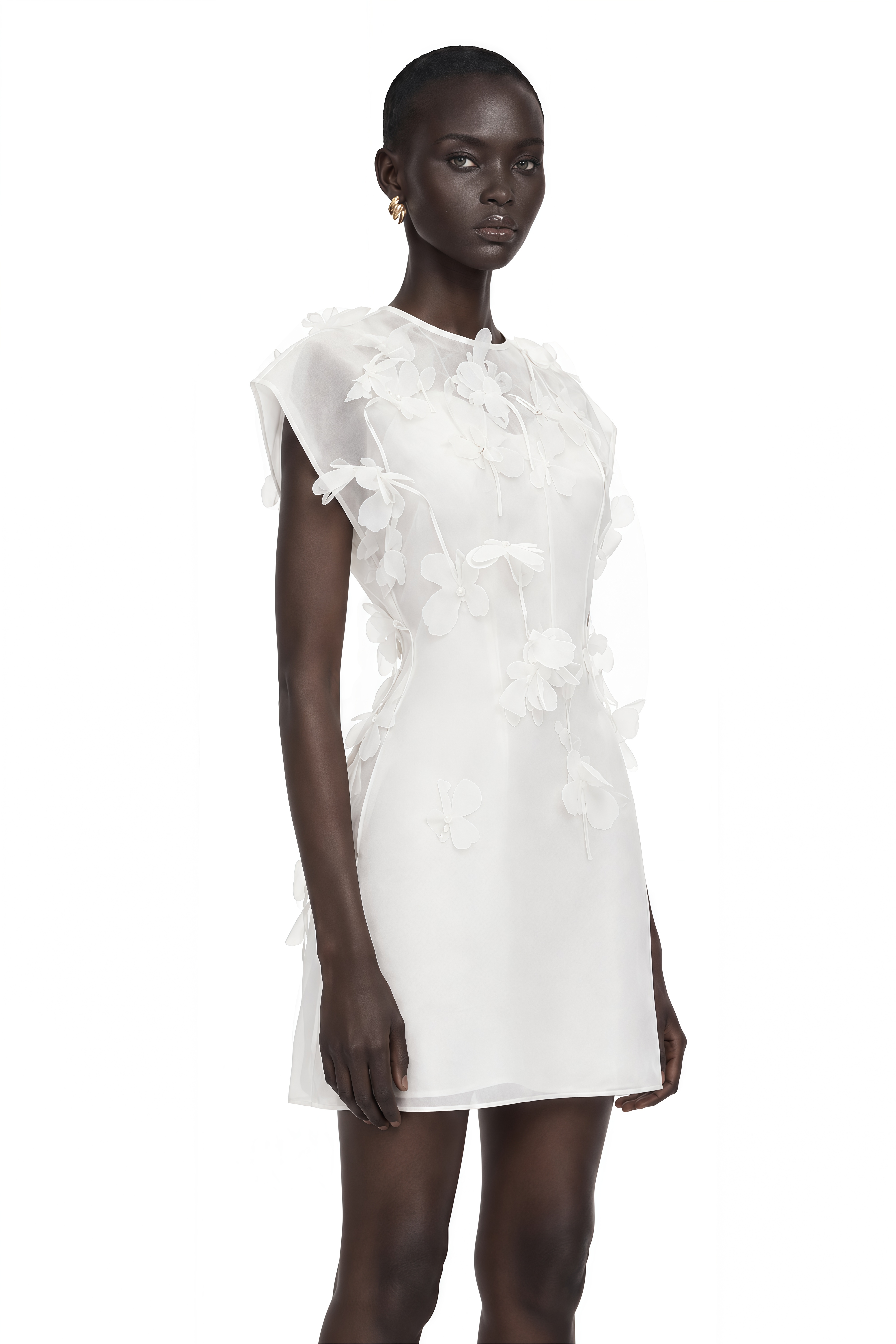 Maryam White Chiffon Mini Dress with 3D Petals