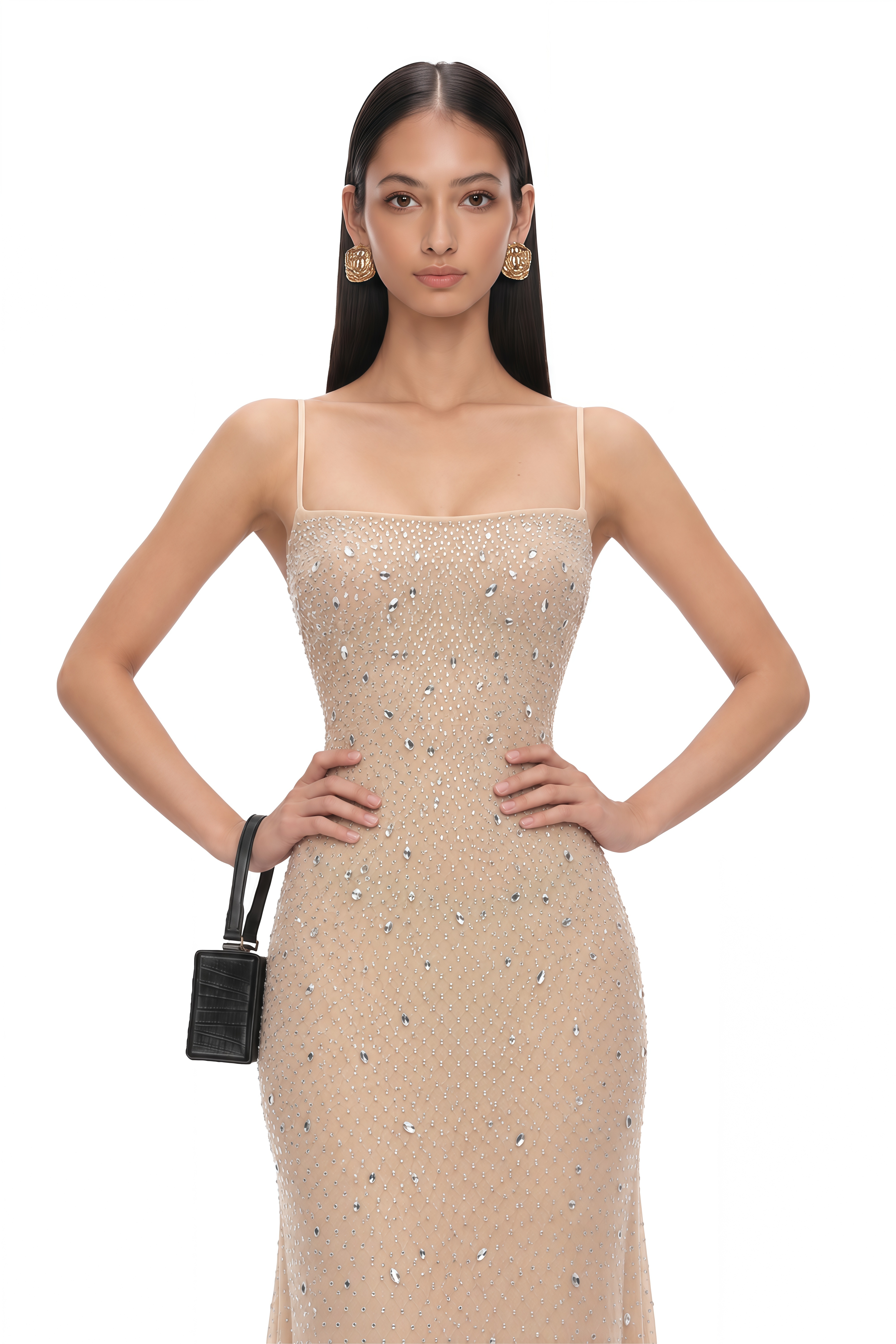 Izefia Neutral Open Back Embellished Maxi Dress