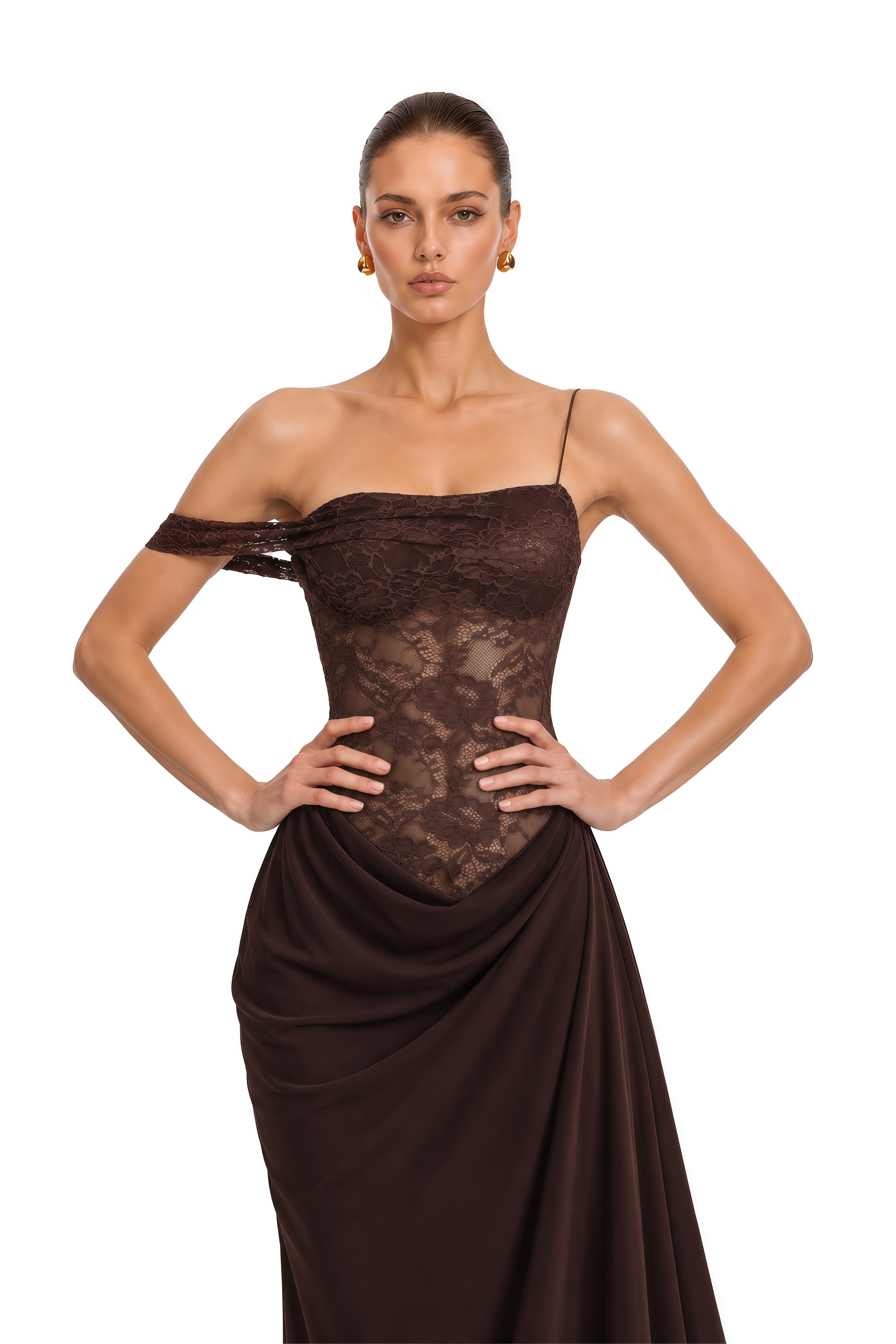Sunniva Brown Lace Panel Asymmetrical Maxi Dress