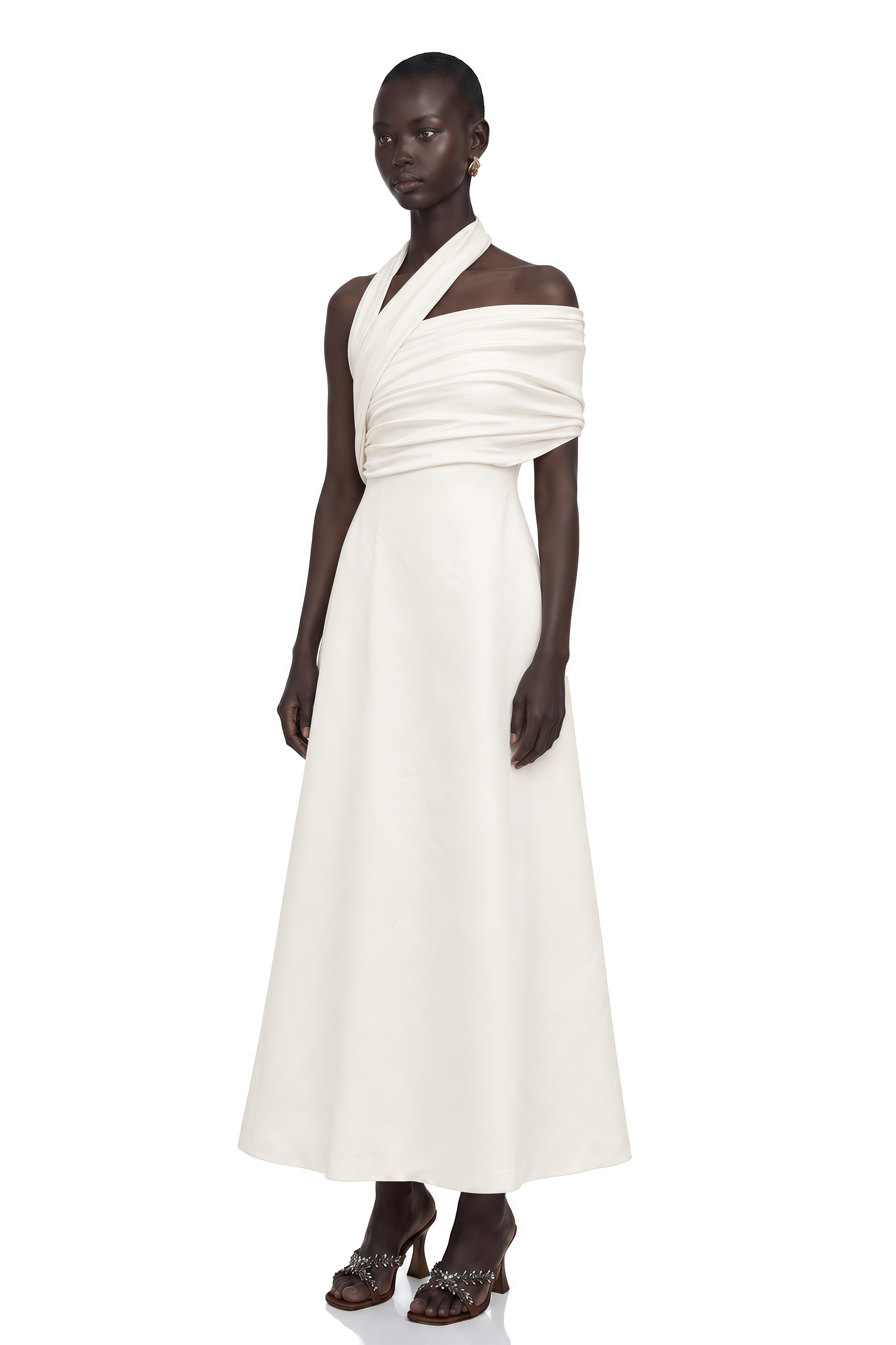 Solène Cream-White Asymmetrical Midi Dress