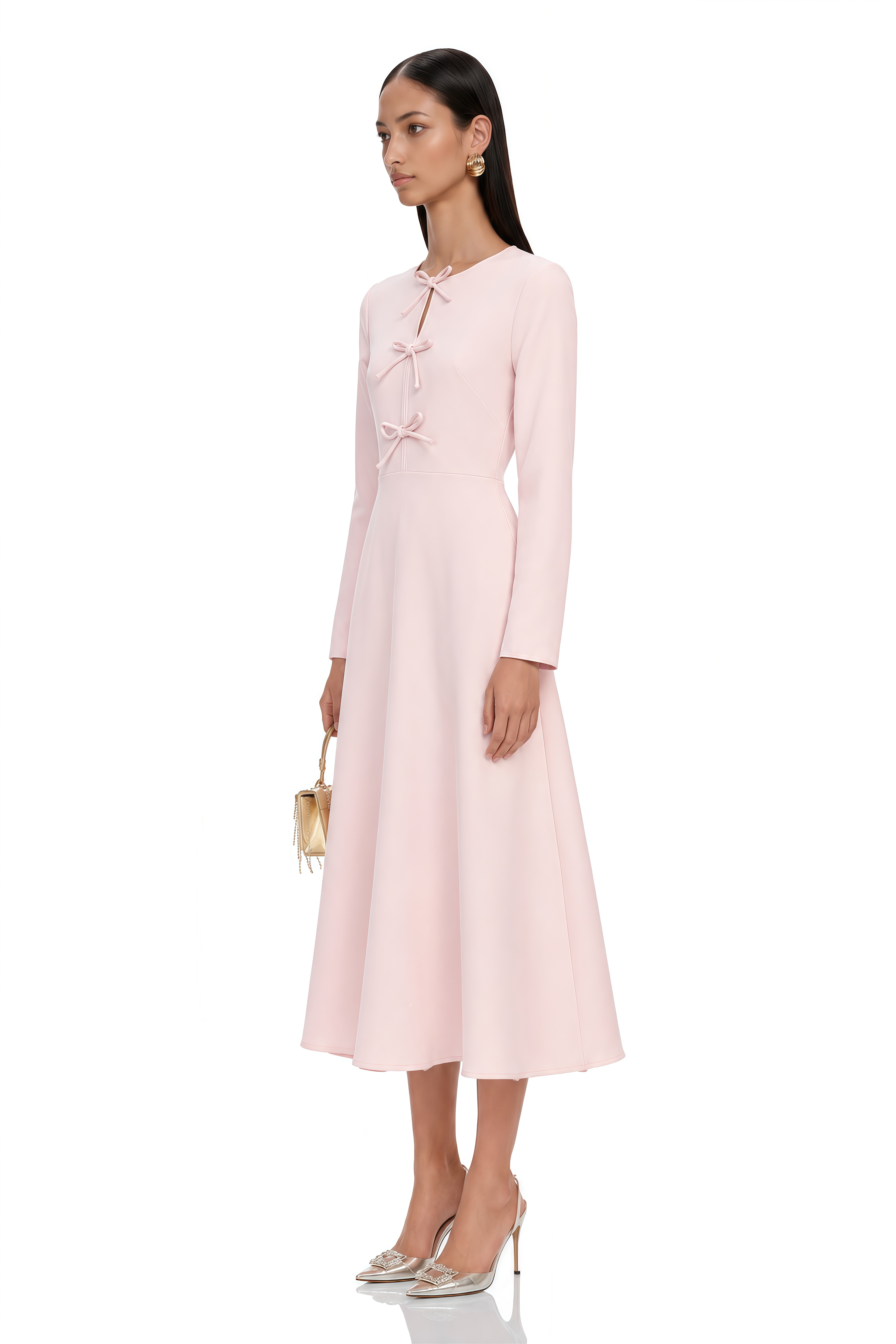 Elise Pink Bow-Detail Split-Neck Midi Dress