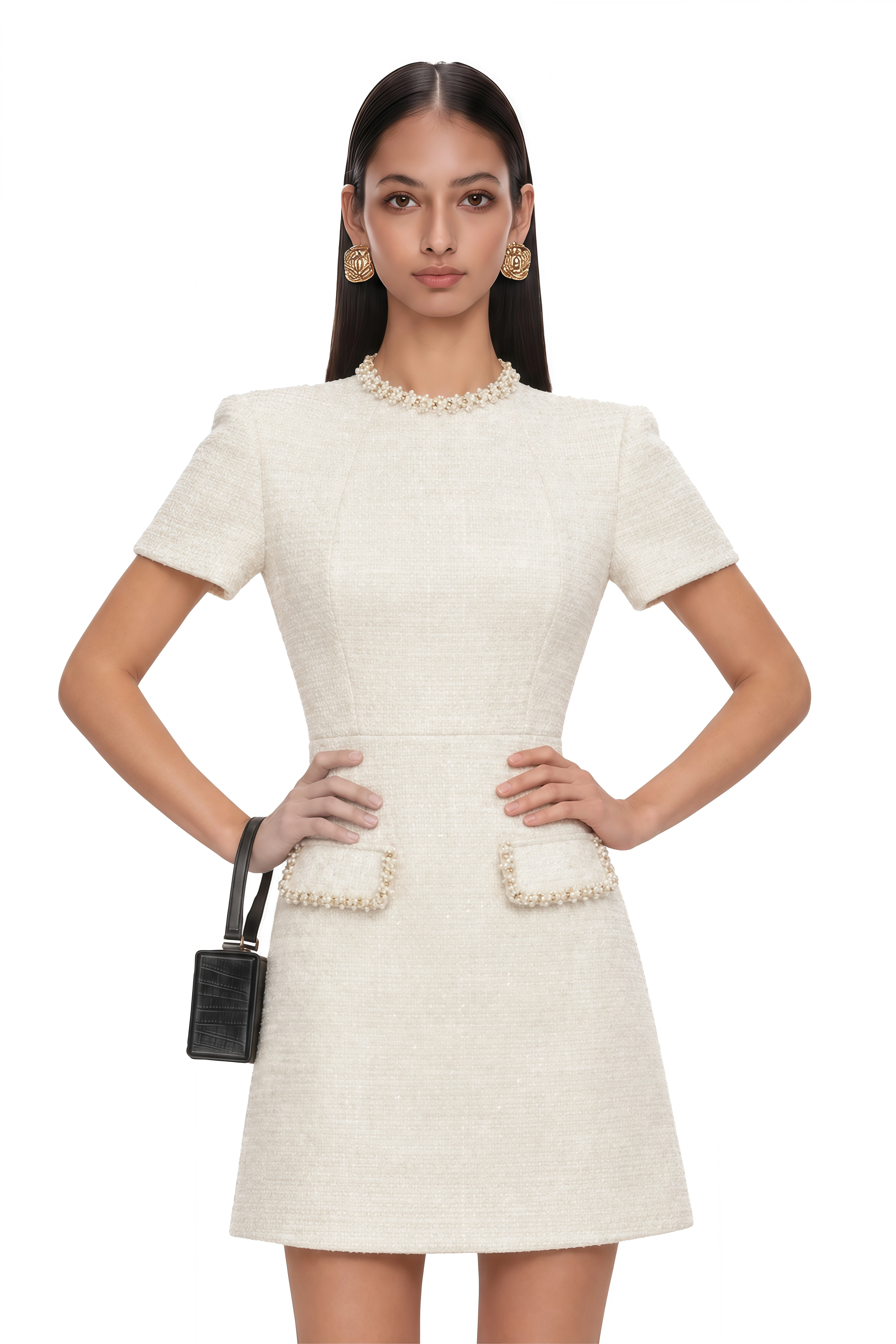 Jeanne White Embellished Tweed Mini Dress