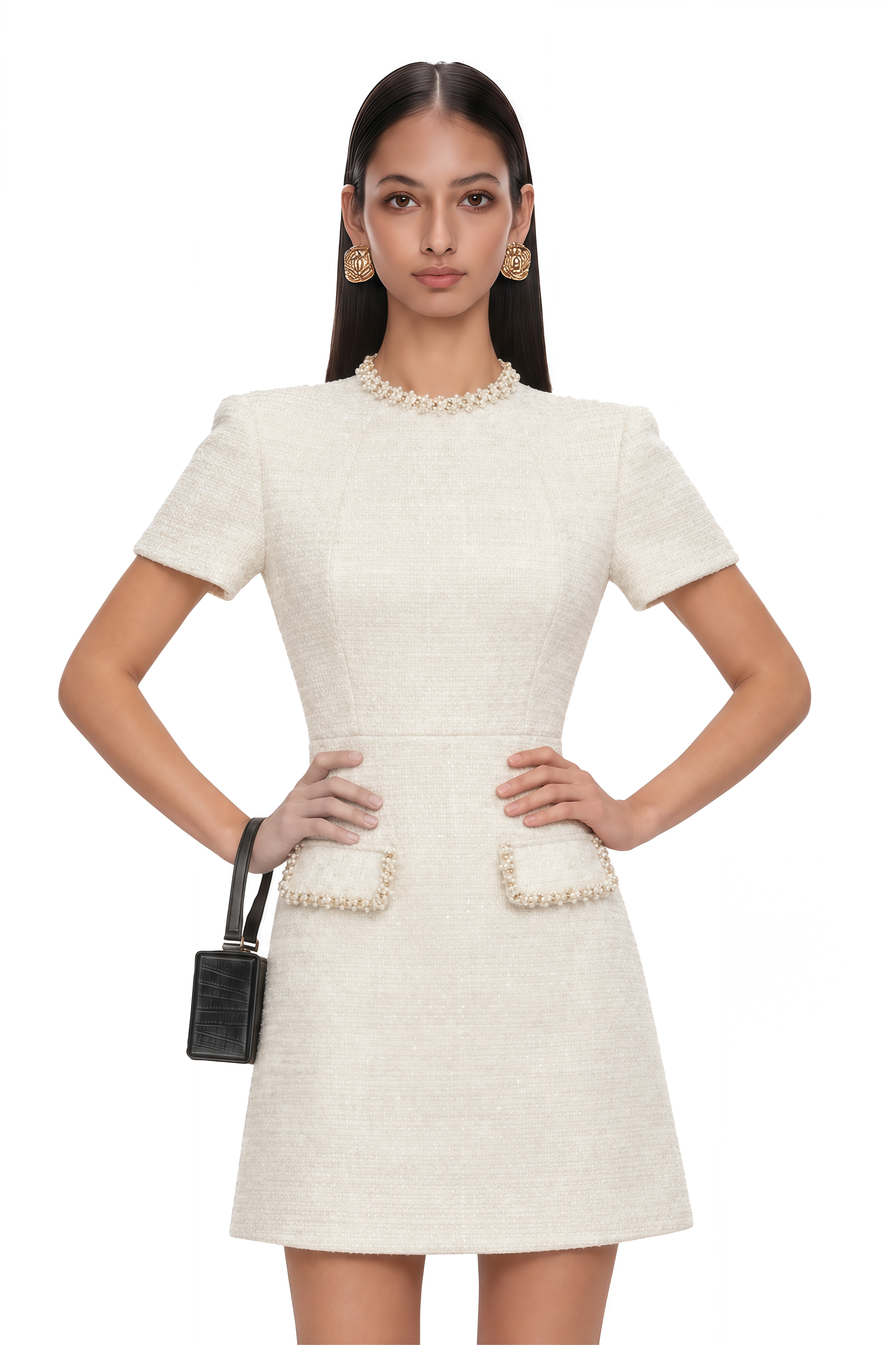 Jeanne White Embellished Tweed Mini Dress