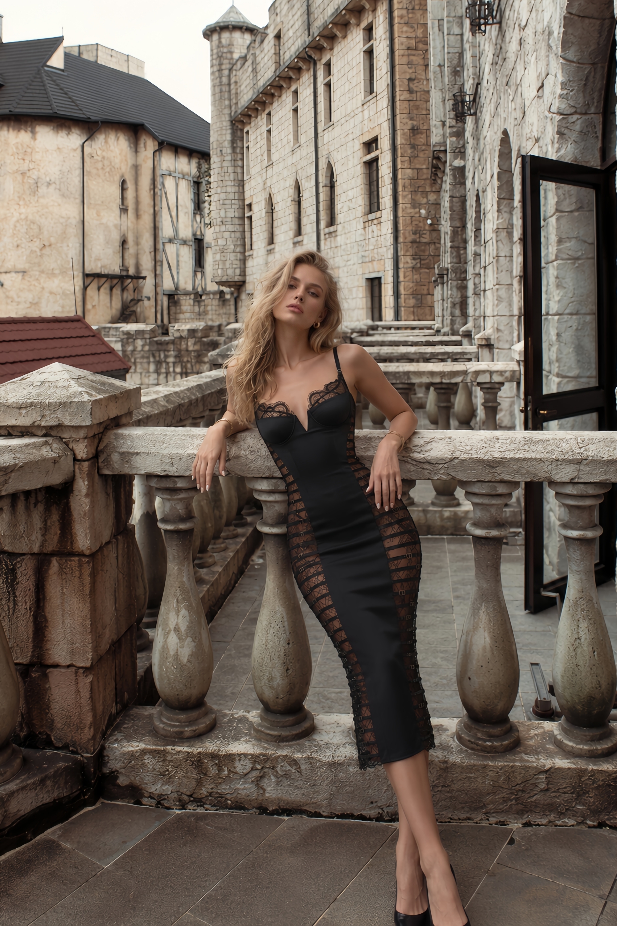Melora Black Floral Lace Semi-Sheer Midi Dress