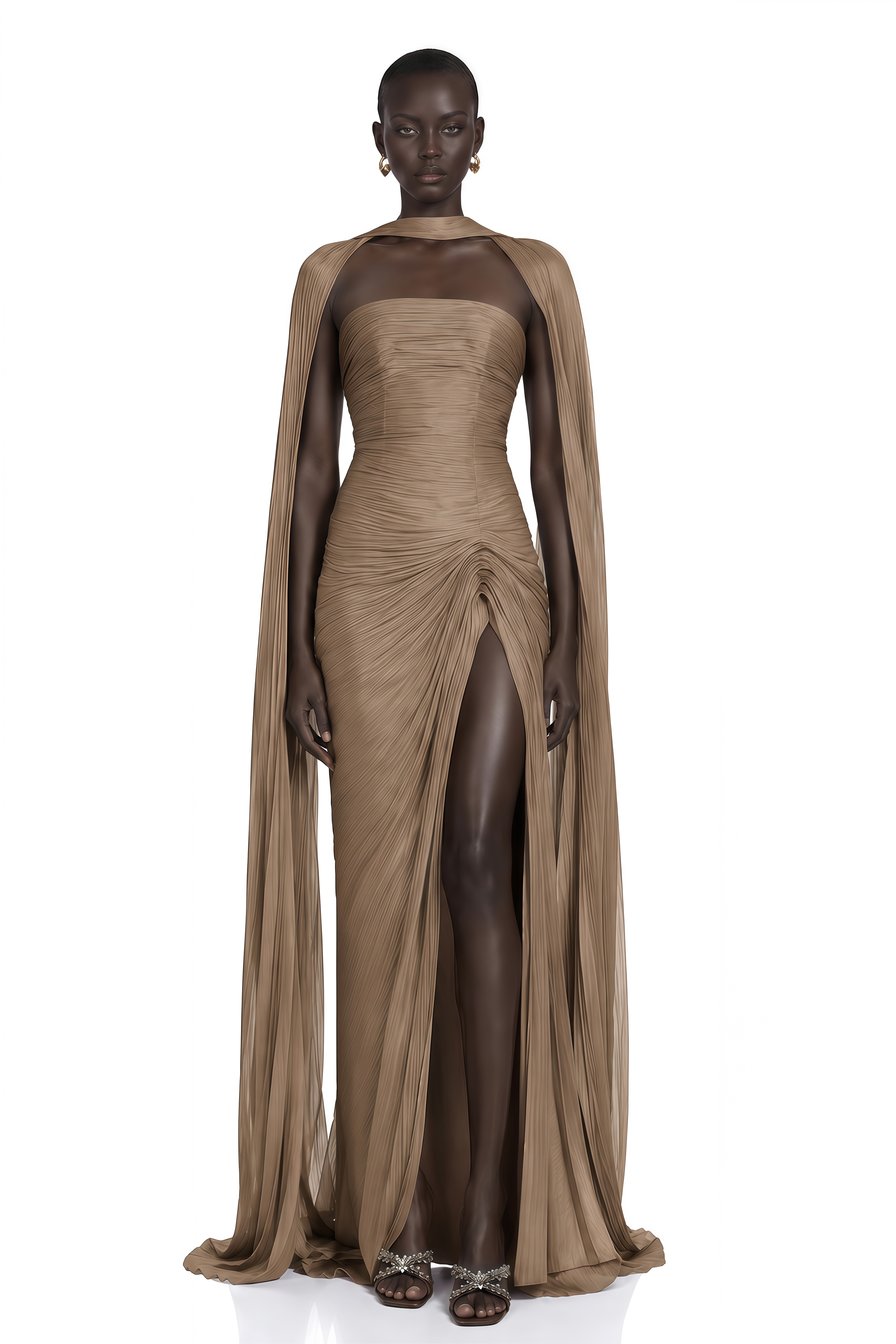 Shifra Brown Asymmetrical Cape Maxi Dress