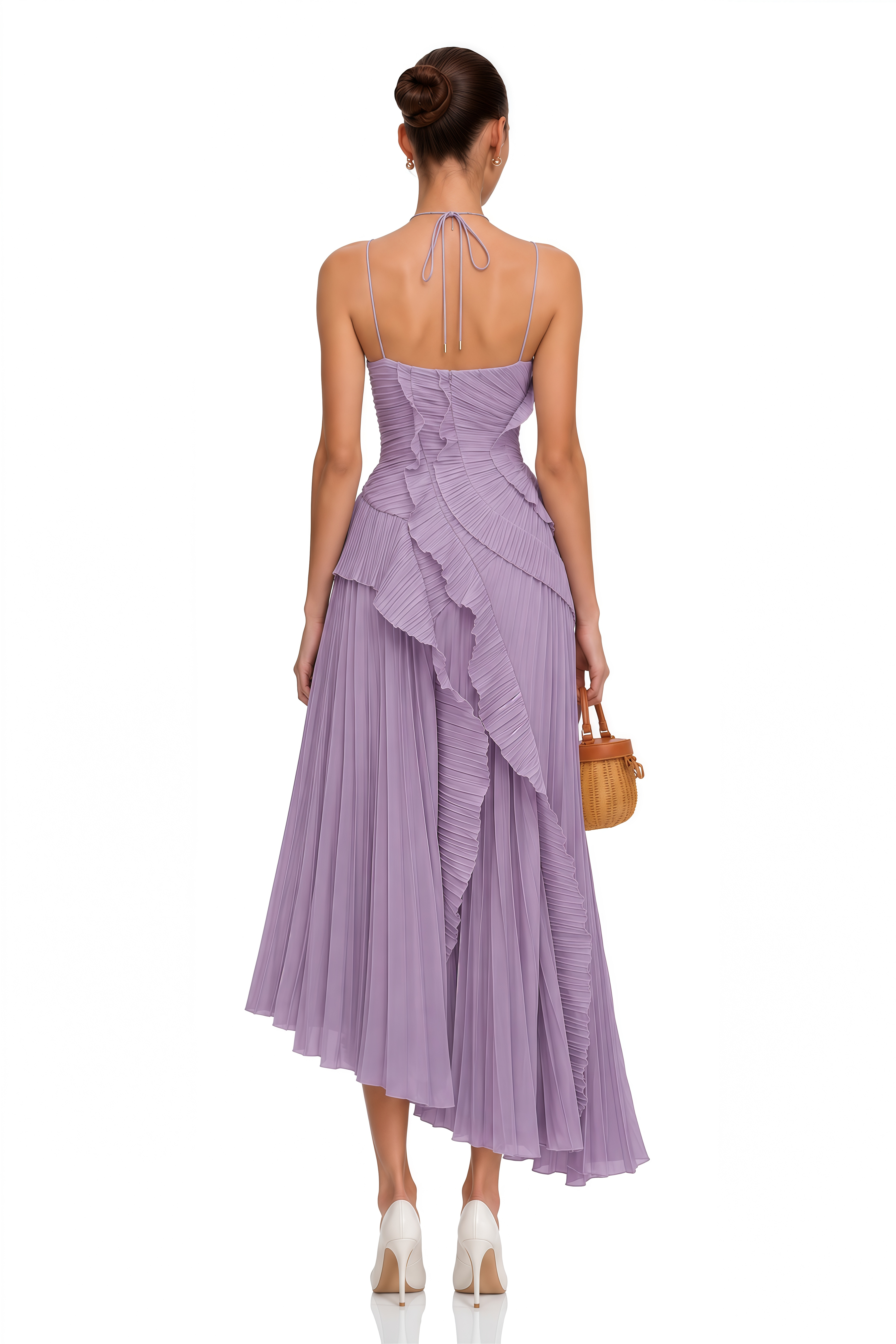Doux Purple Ruffled Trim Pleated Midi Dress