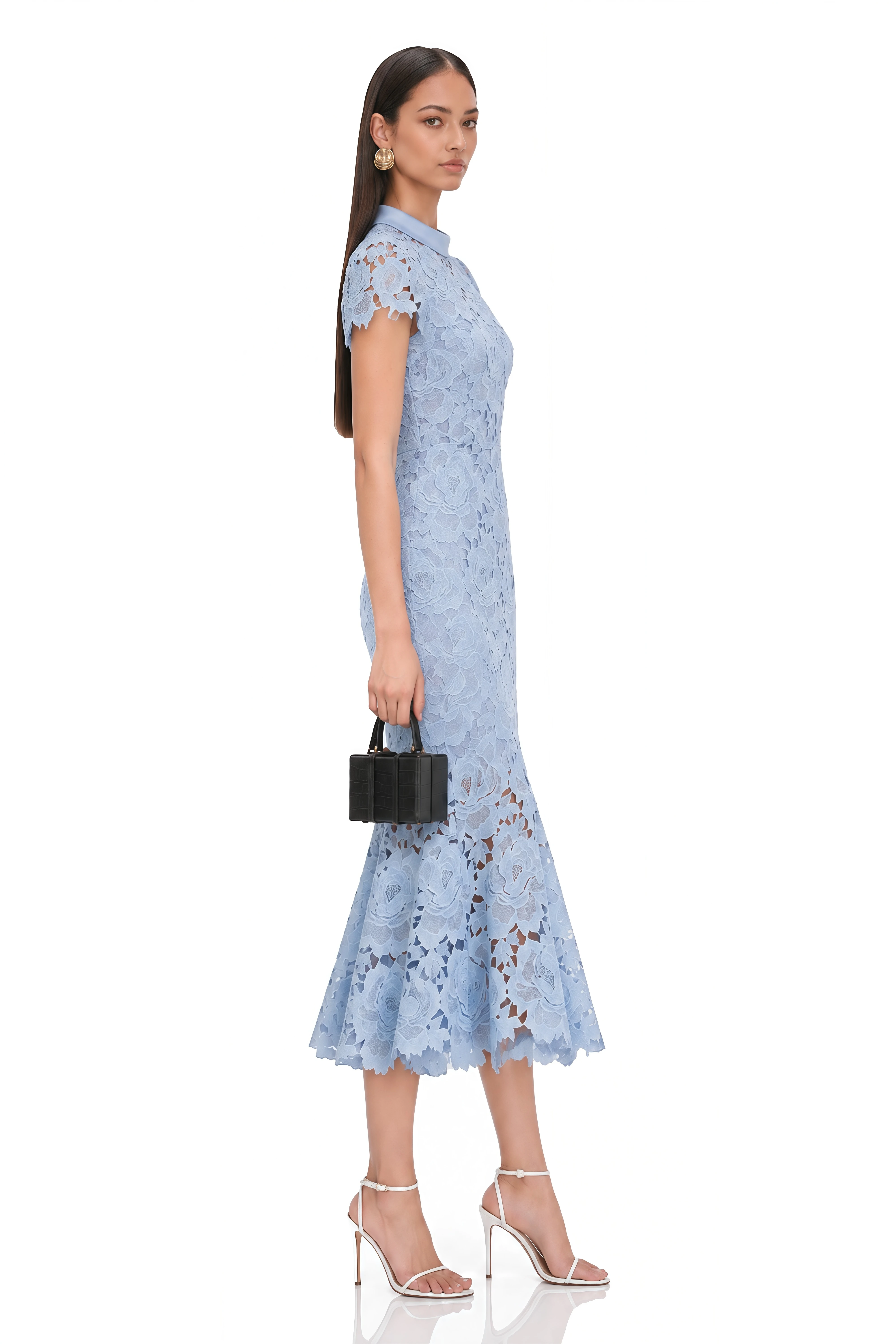 Aurore Blue Floral Appliqué Lace Midi Dress