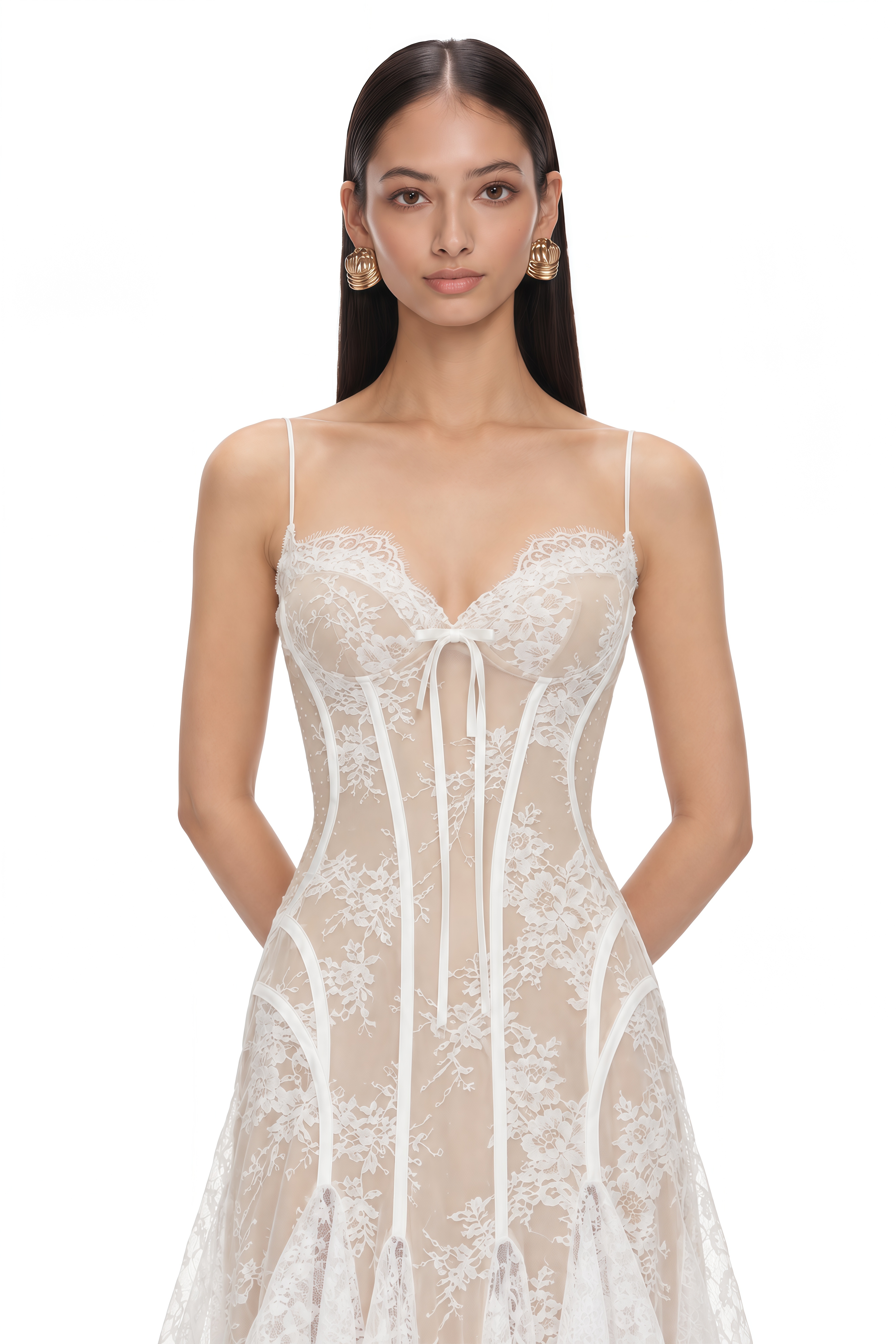 Annelise White Floral Lace Asymmetrical Midi Dress