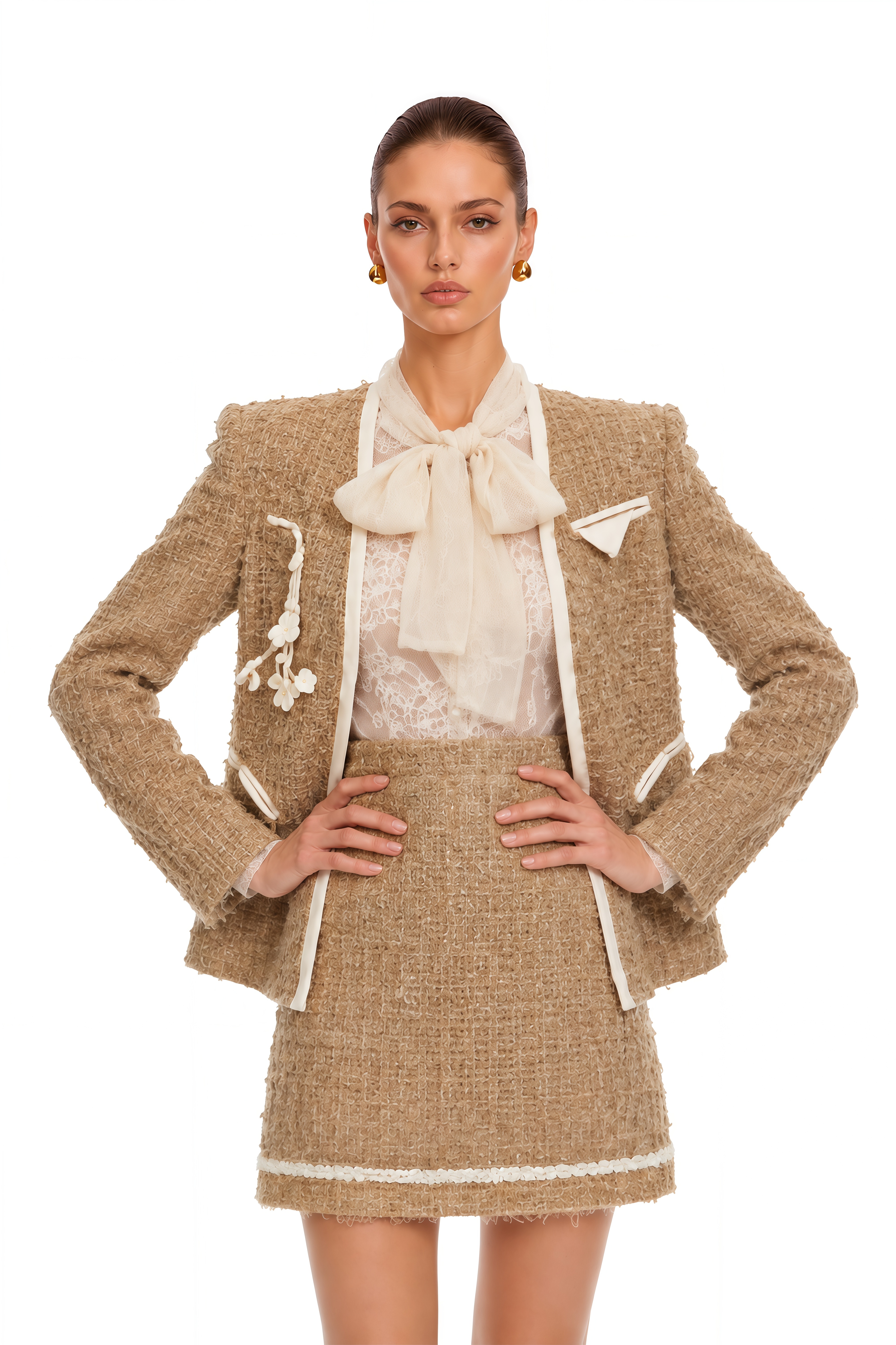 Ghita Gold Tweed Jacket & Sef-Tie Shirt & Skirt Set