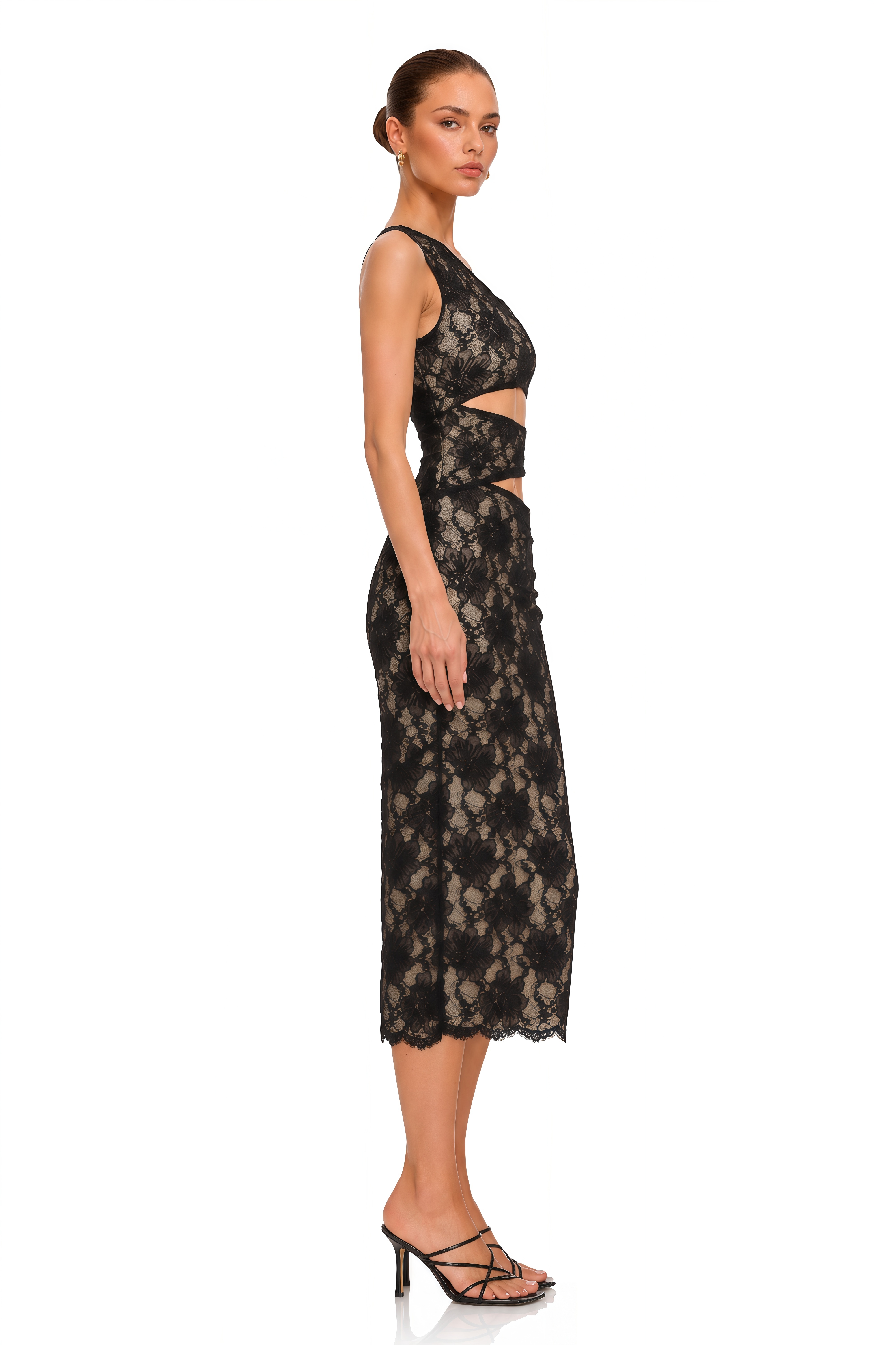 Bianca Black Cut Out Floral Lace Midi Dress