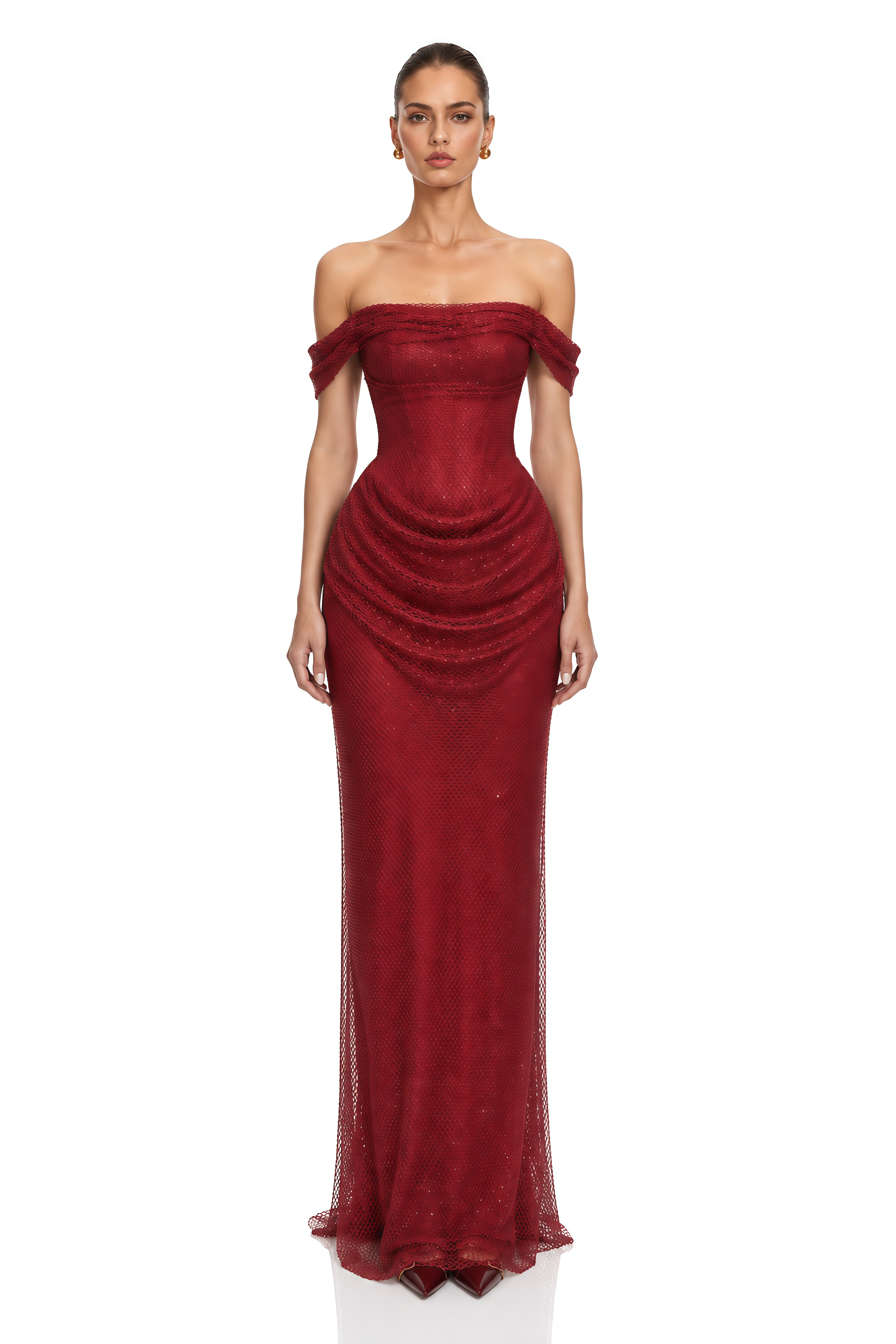 Scarlet Red Off-Shoulder Rhinestone Evening Gown