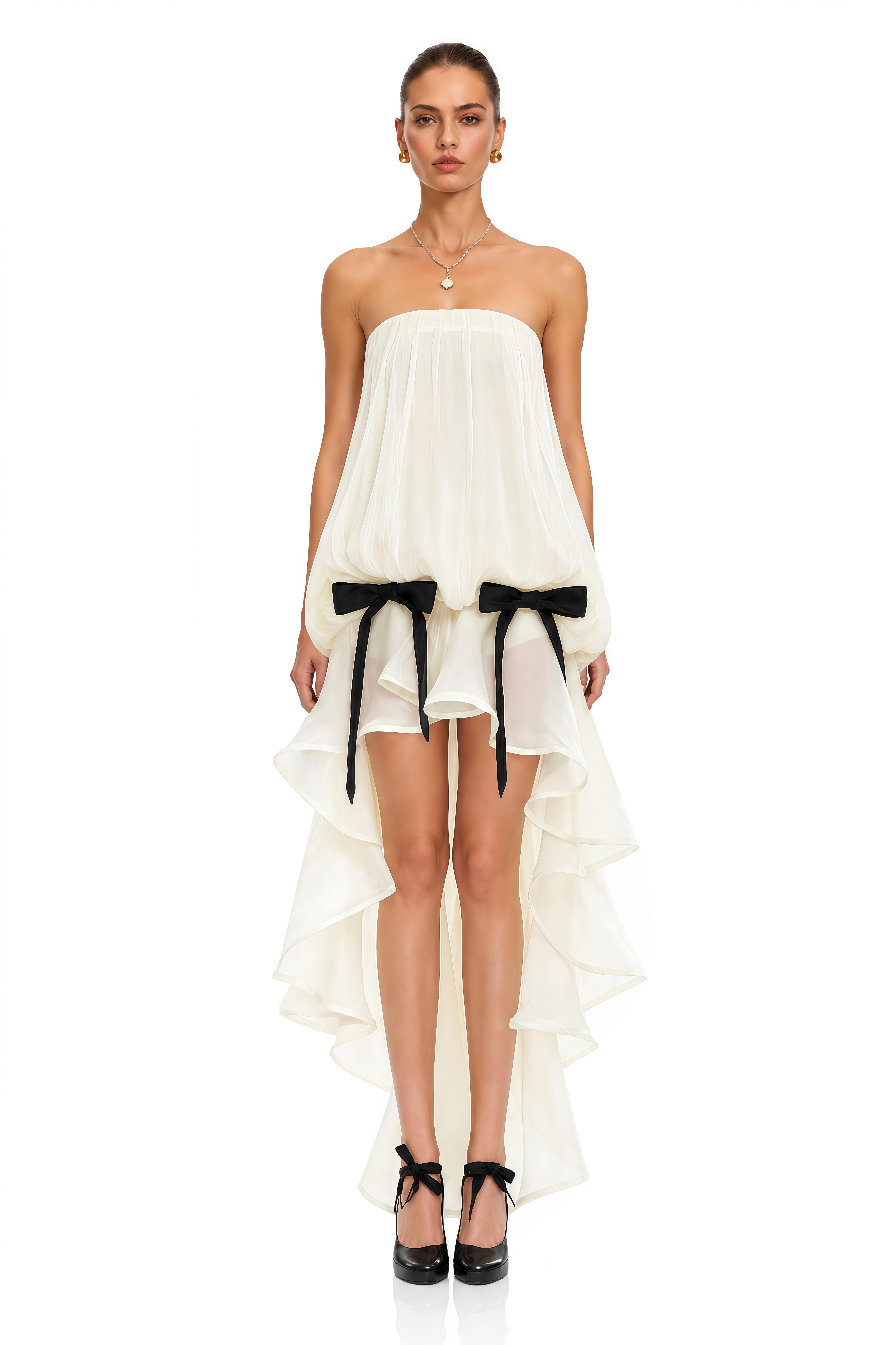 Rosario White Ruched Mini Dress with Bow