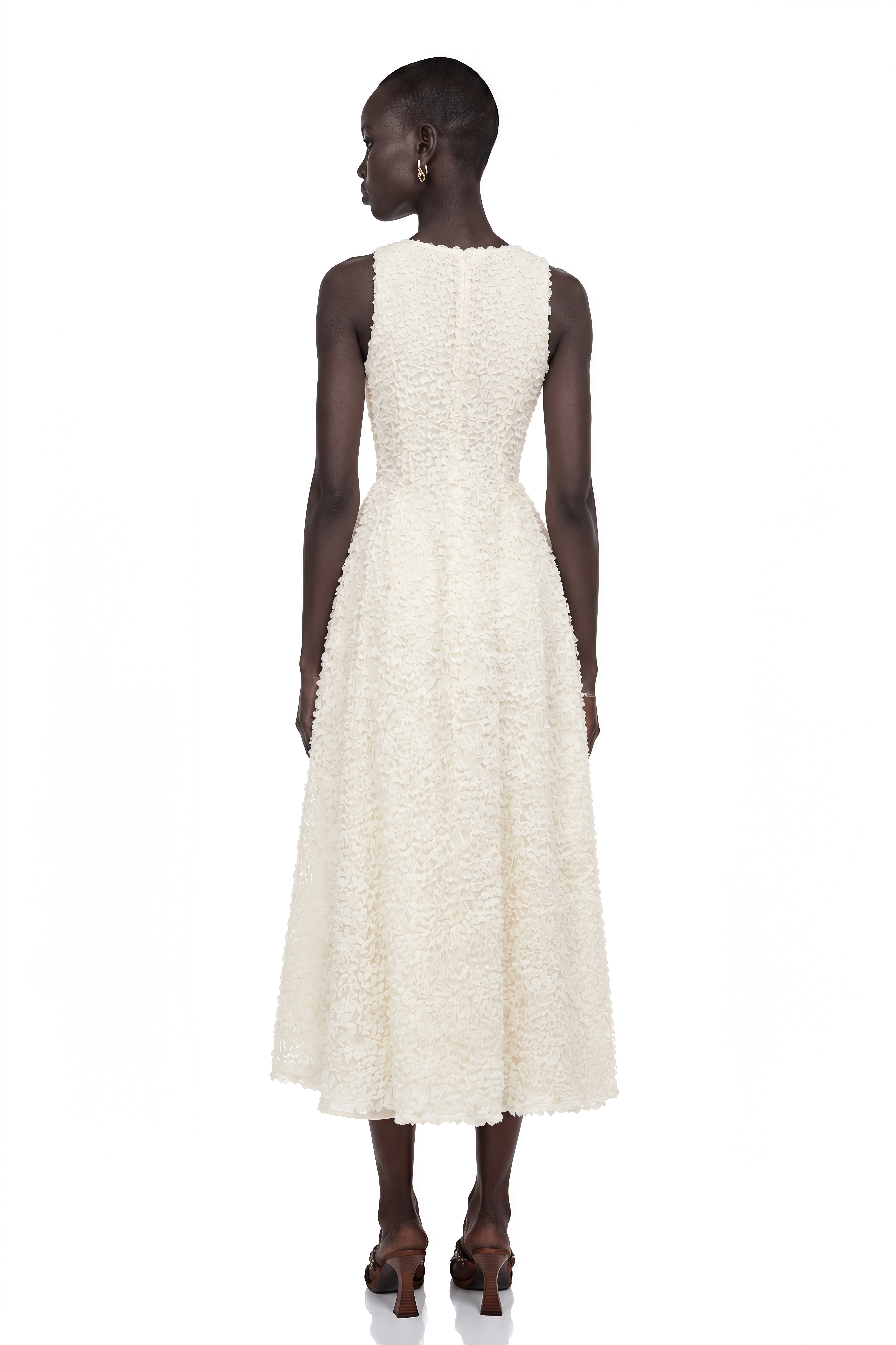 Luciana White Sleeveless Midi Dress with Fitted Bodice
