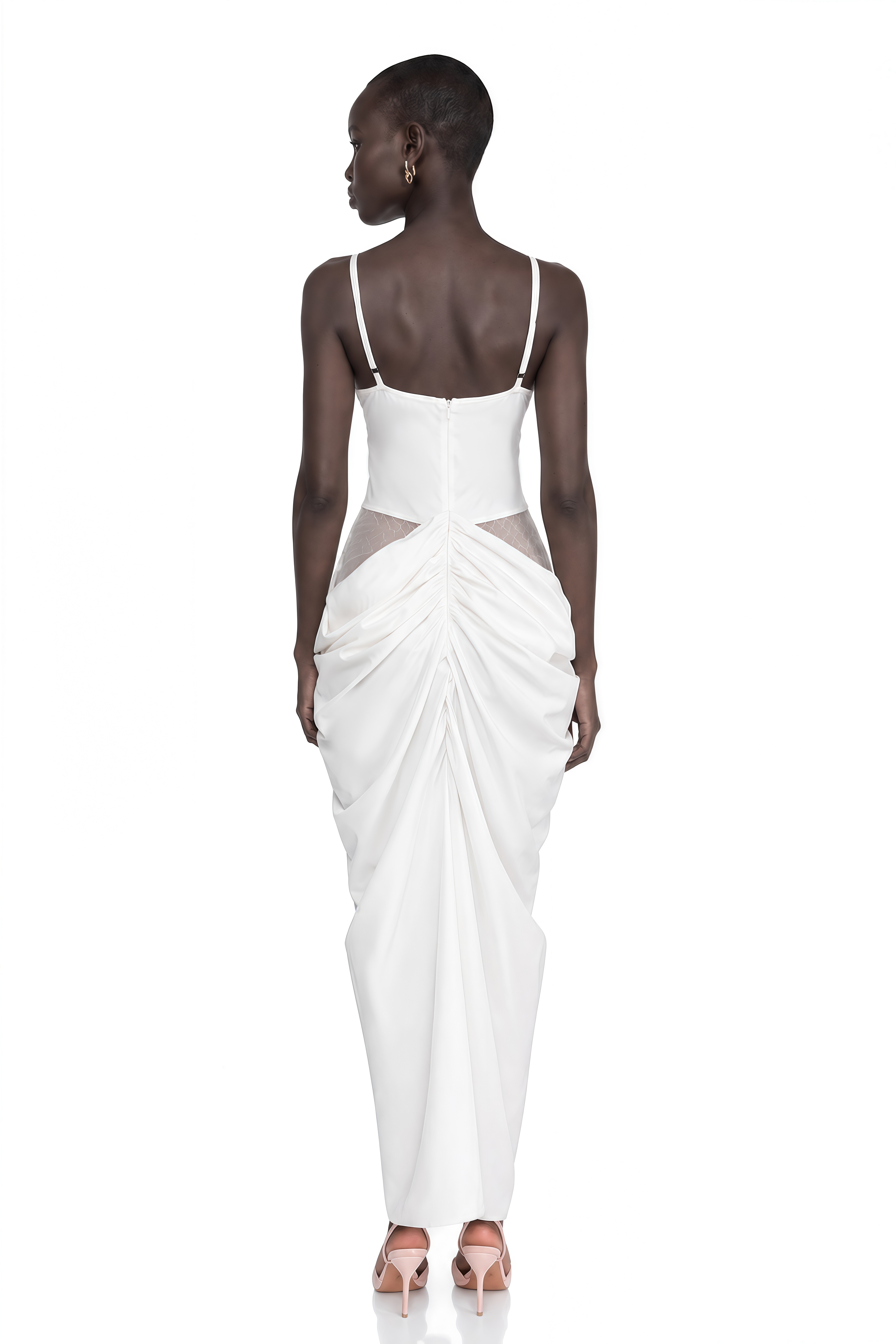 Viktoria White Semi-Sheer Lace Panel Maxi Dress