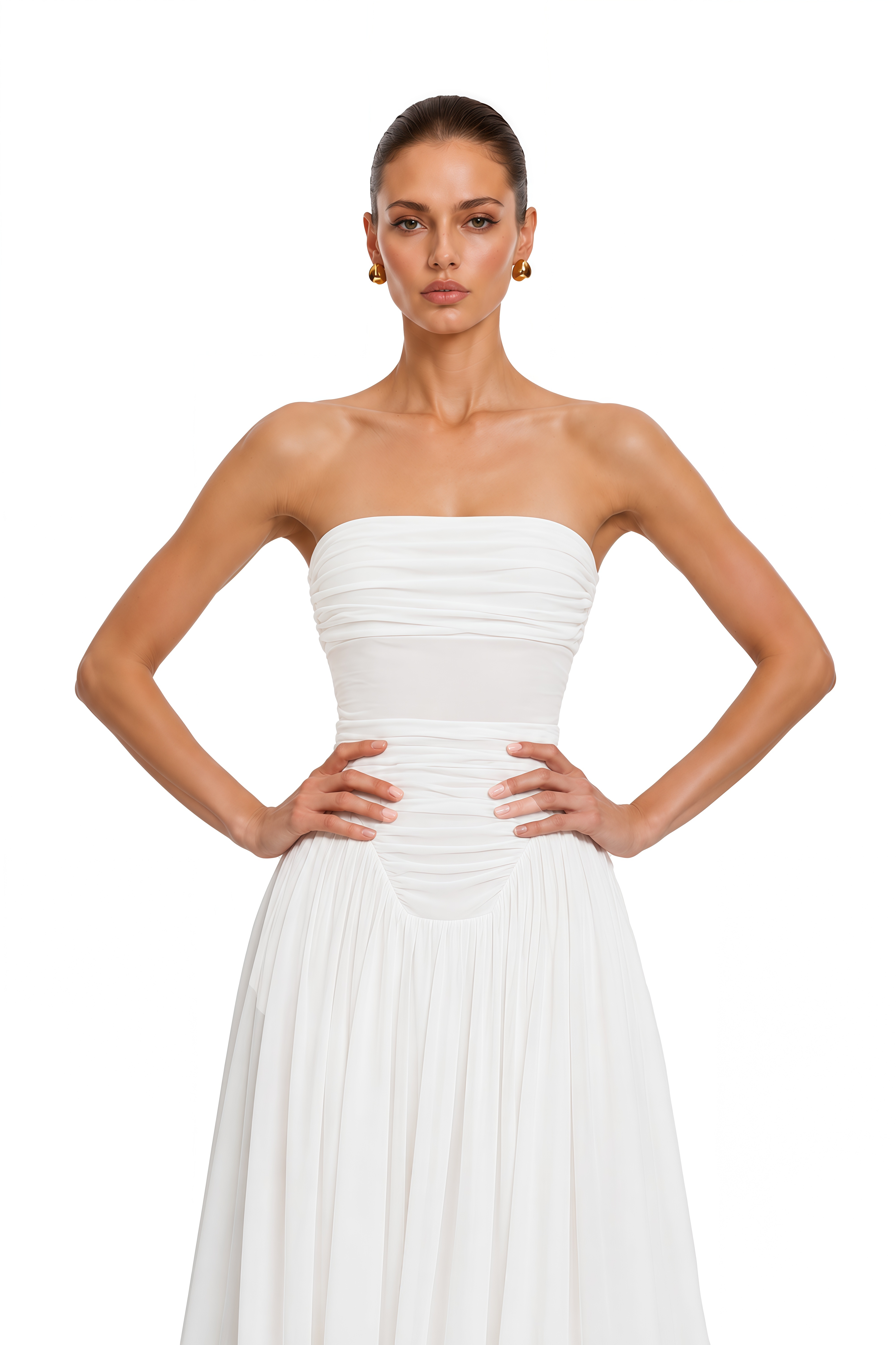 Kiia White Off Shoulder Ruched Midi Dress