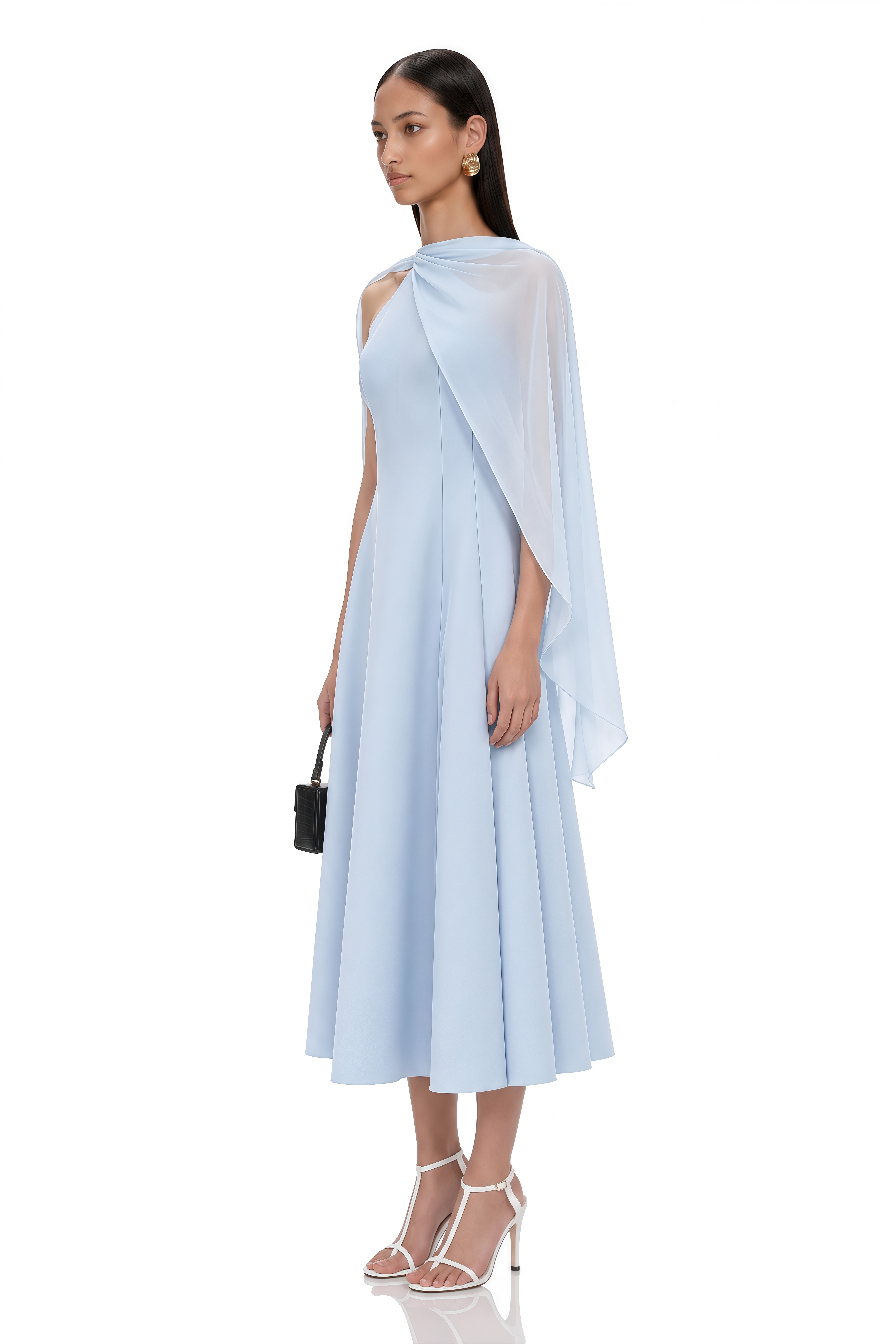 Renee Baby Blue Sleeveless Midi Dress with Draped Cape