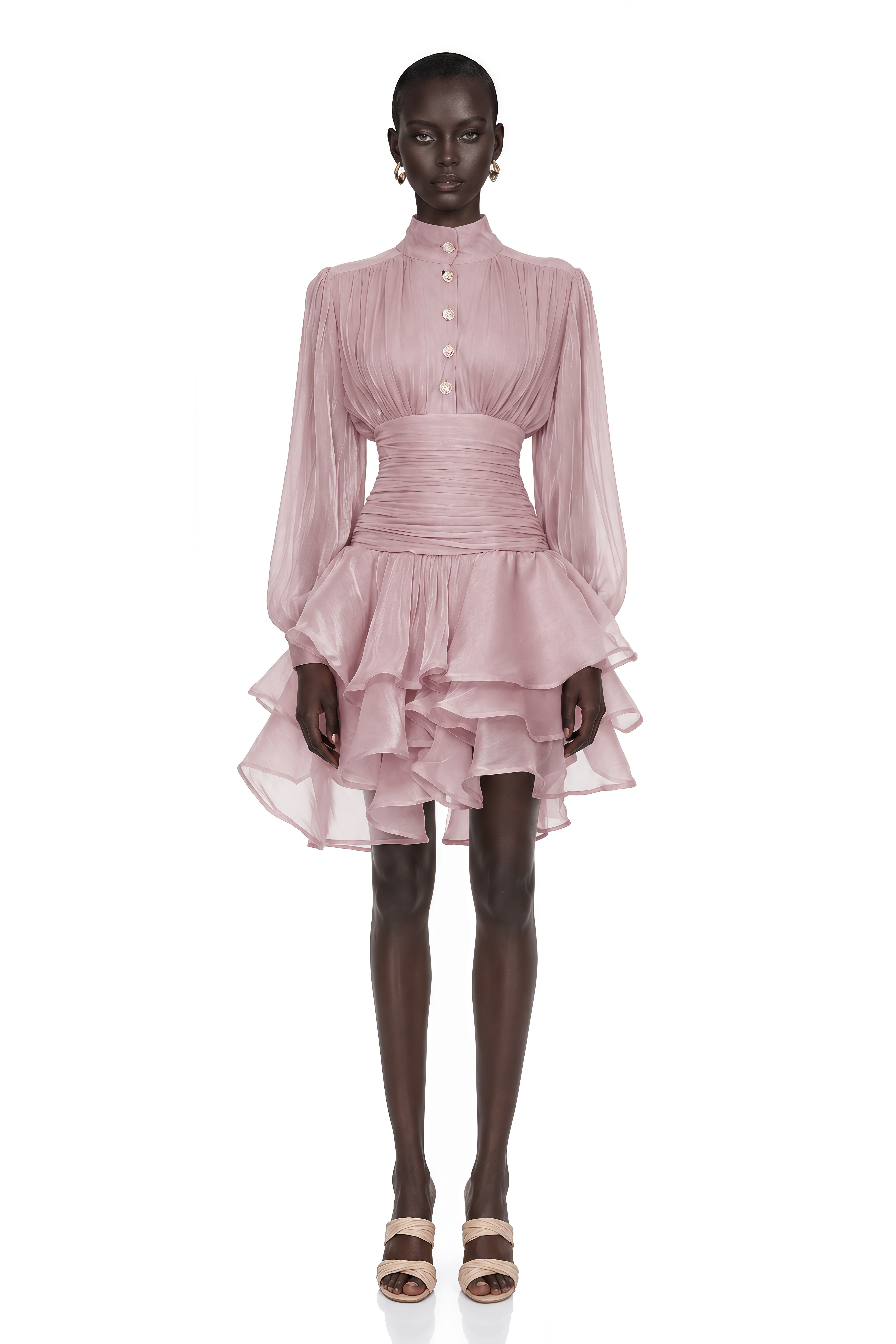 Emersyn Pink High-Neck Ruffled Detail Mini Dress