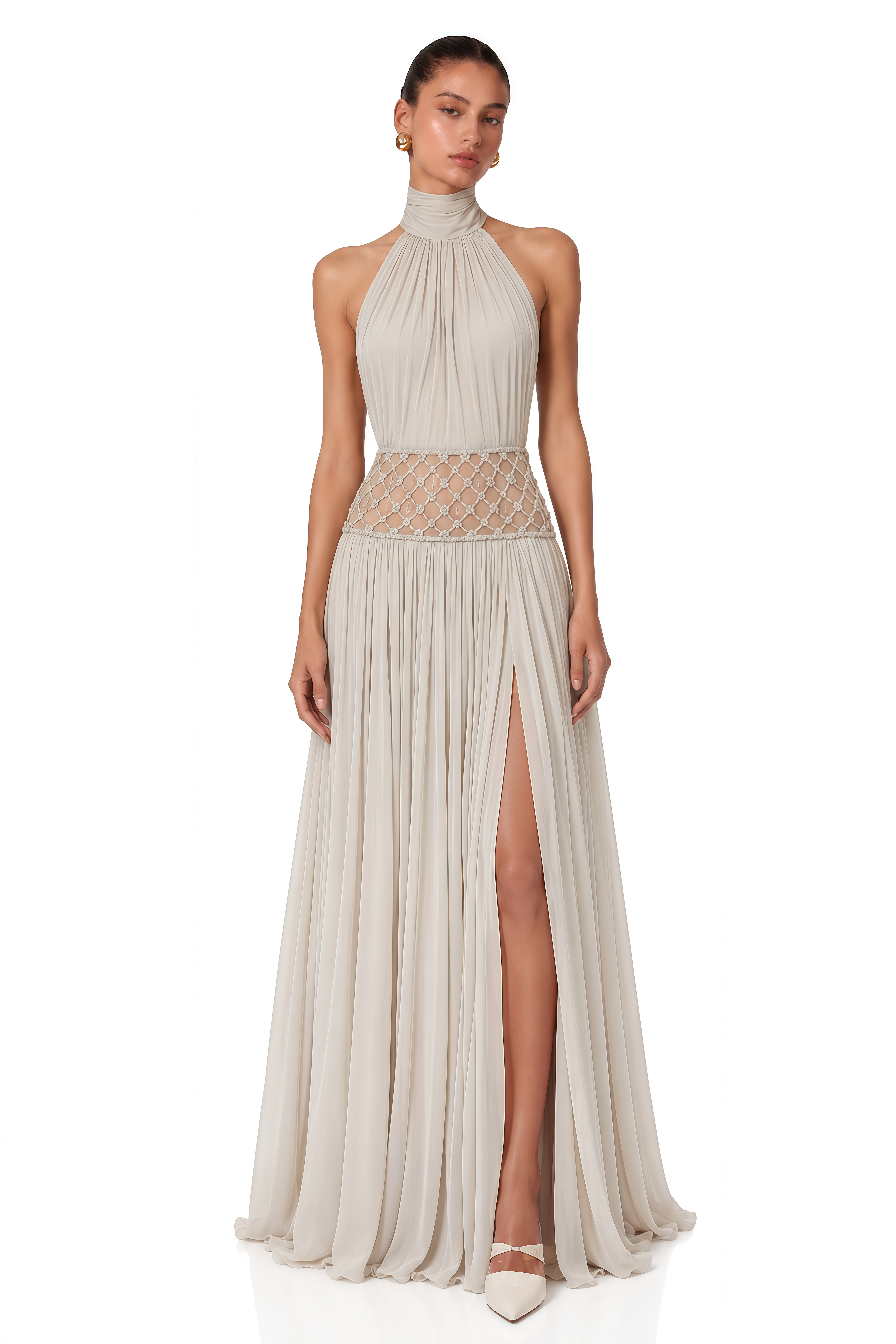 Sophie Almond Grey Embellished Ruched Maxi Dress