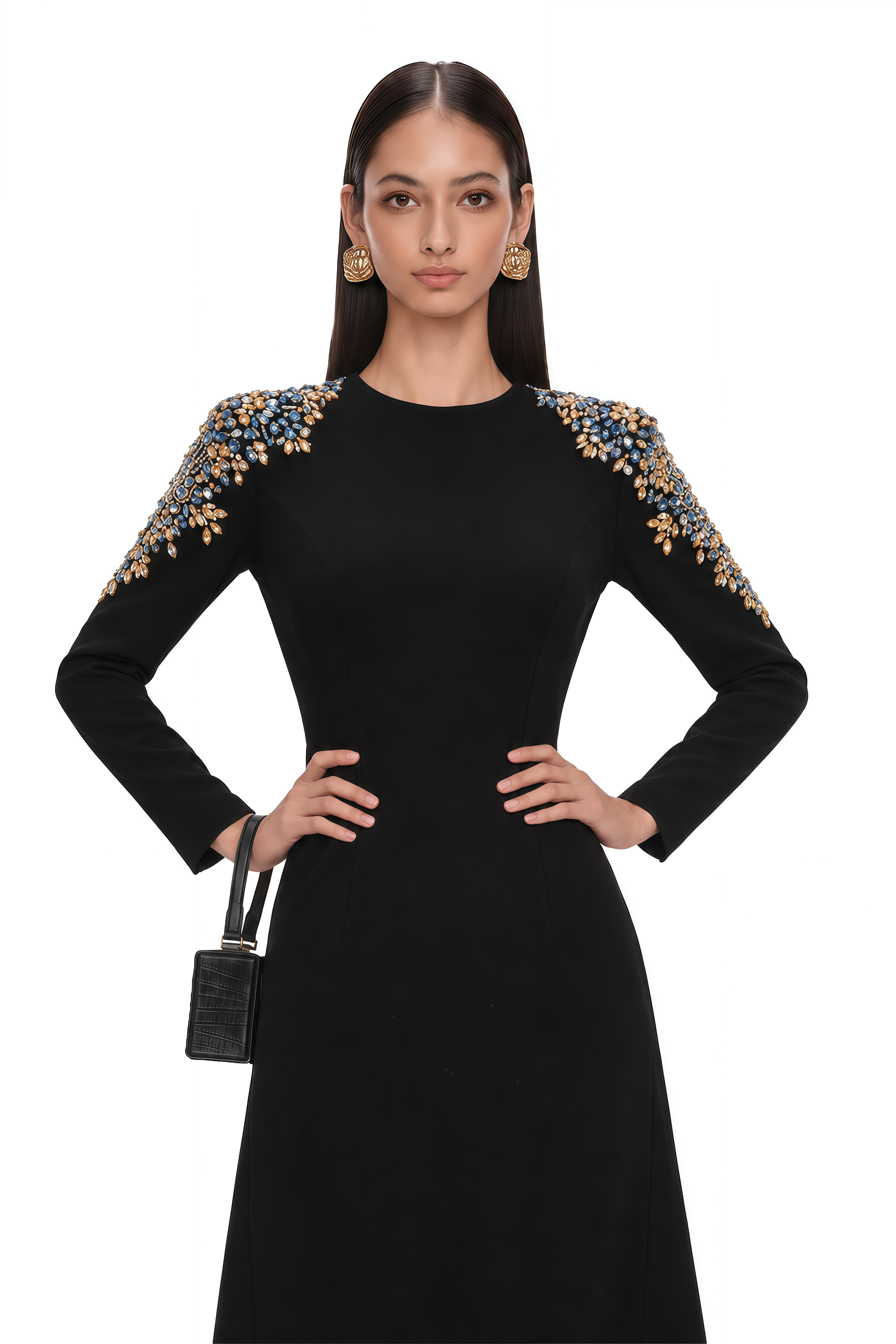 Maelys Black Crystal-Embellished Midi Dress
