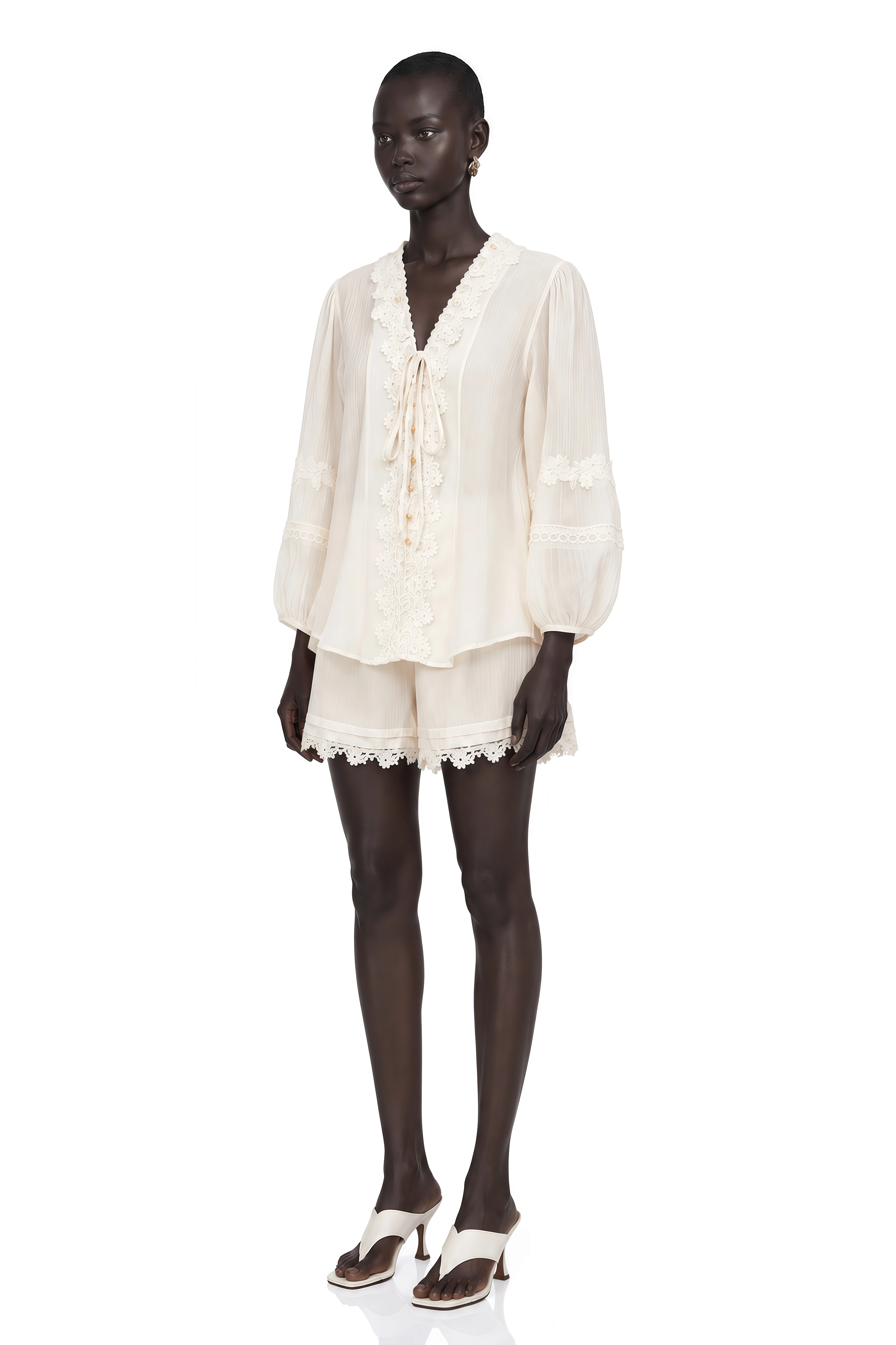 Leonie Ivory V-Neck Blouse & Shorts Set with Floral Applique