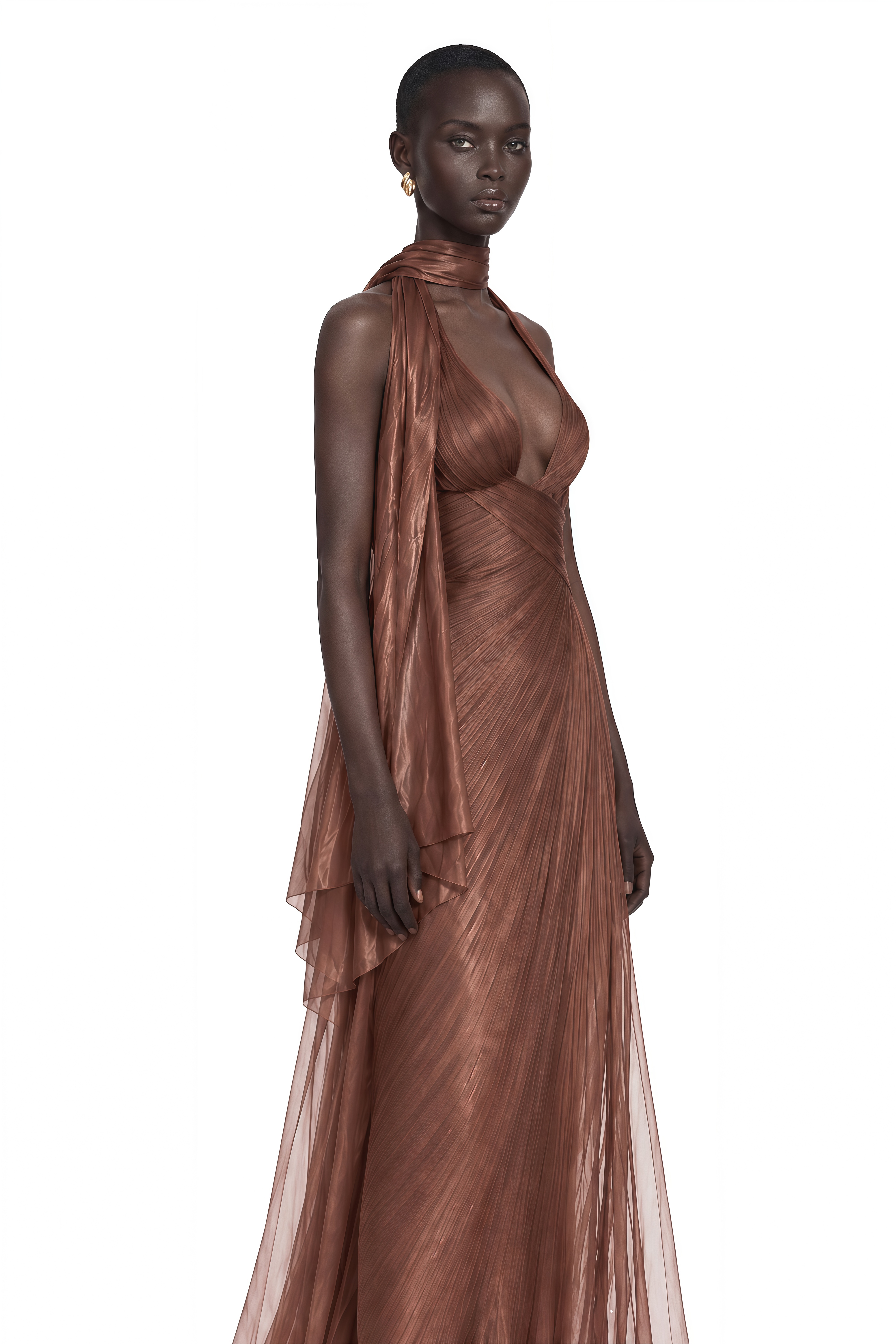 Priscilla Bronze Pleated Halter Plunge Maxi Dress