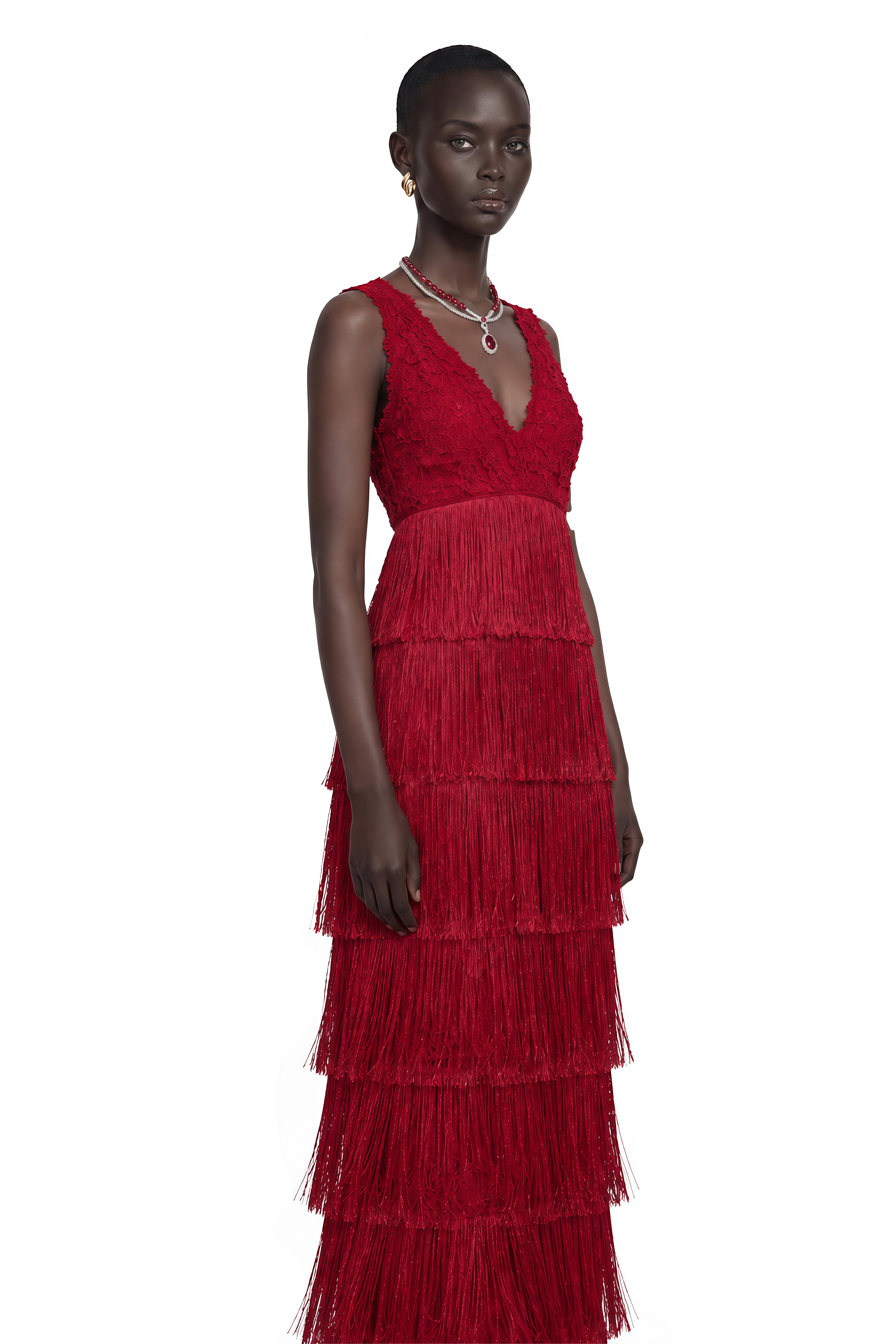 Isoldeia Red Sleeveless Lace Maxi Dress