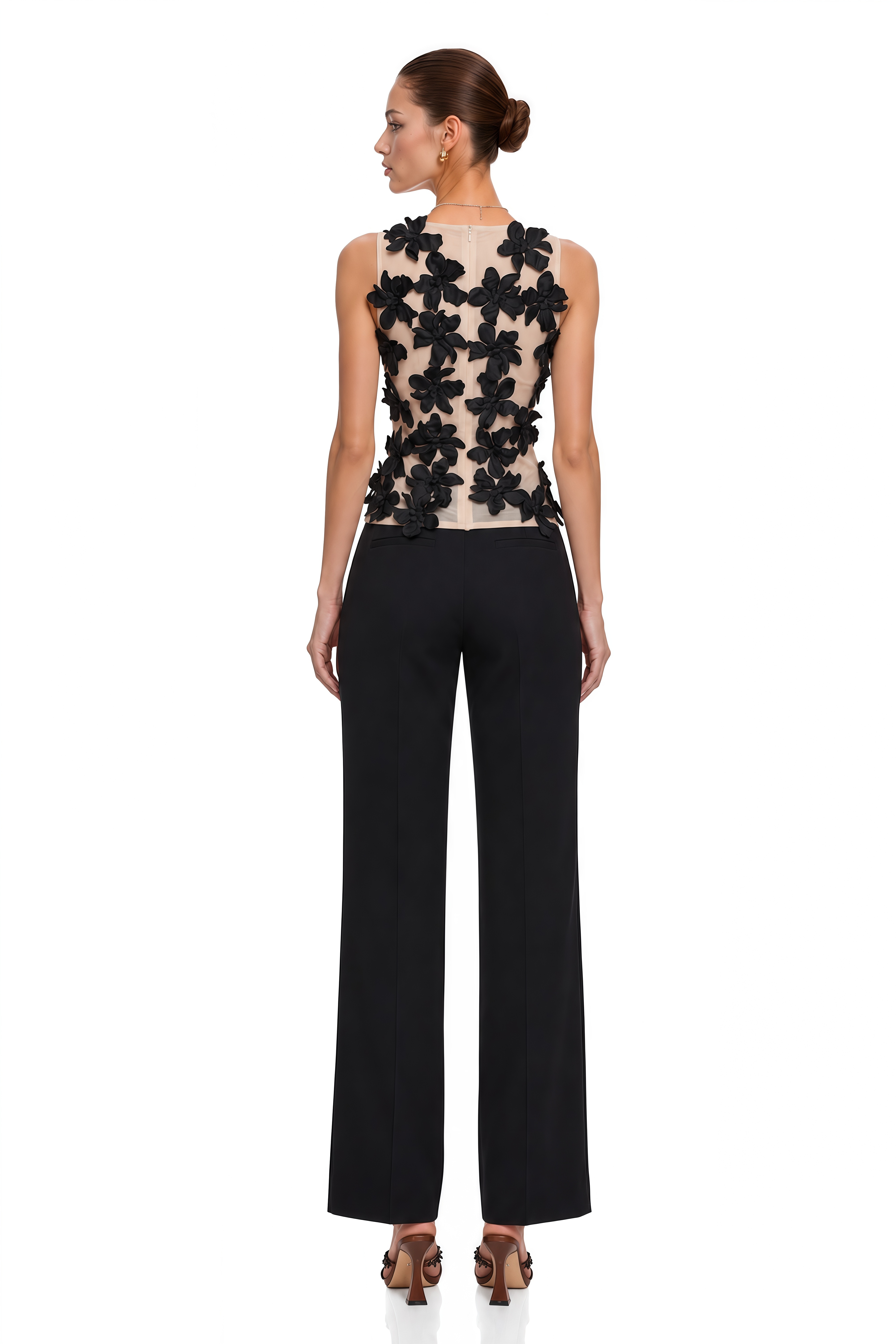 Letizia Black Vest Top with Floral Applique
