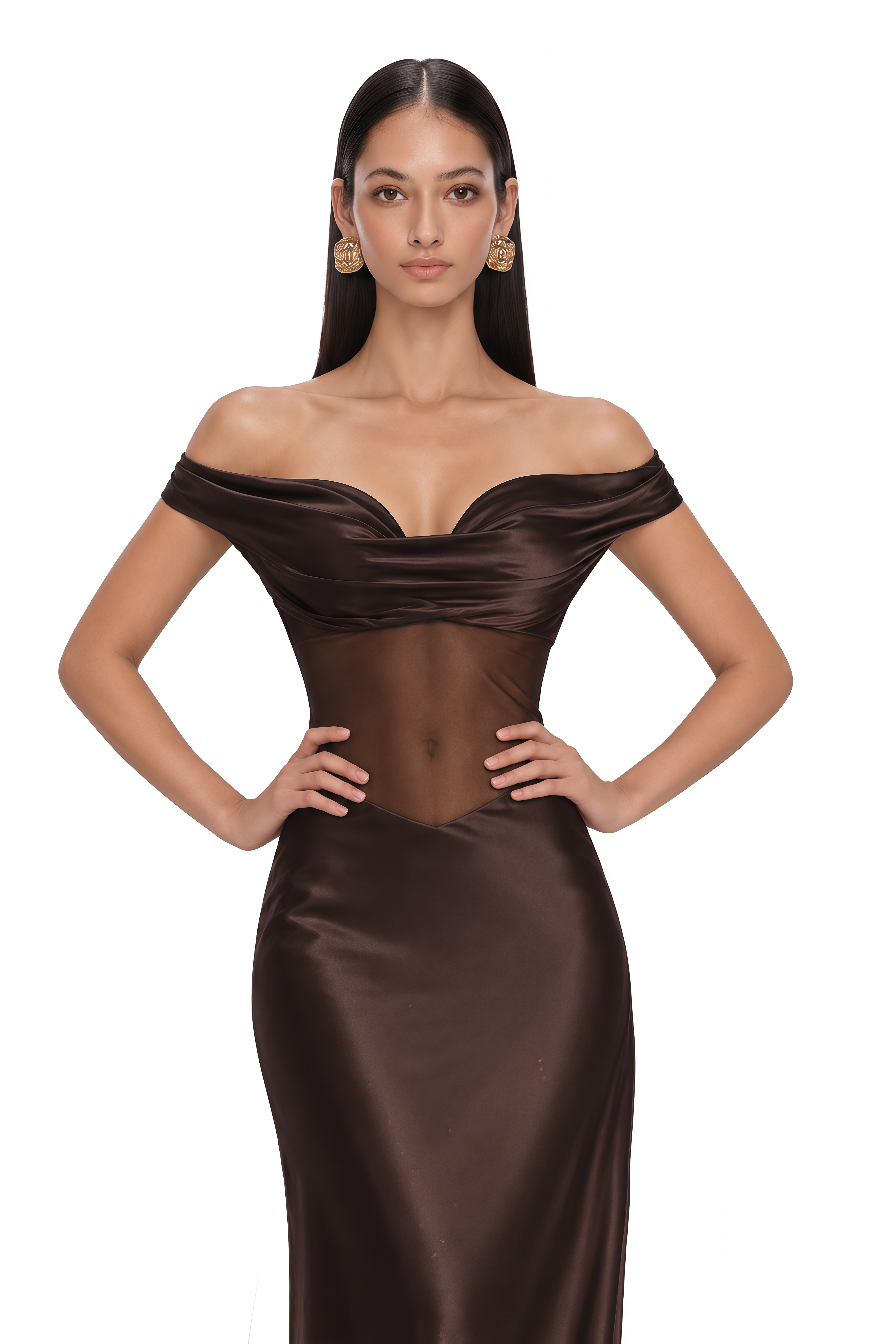 Gitta Brown Off Shoulder Satin Maxi Gown