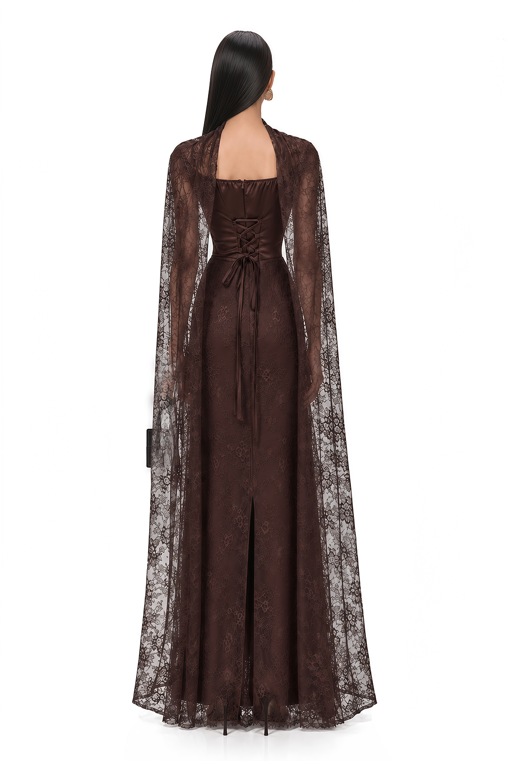 Christa Brown Floral Lace Maxi Dress with Cape