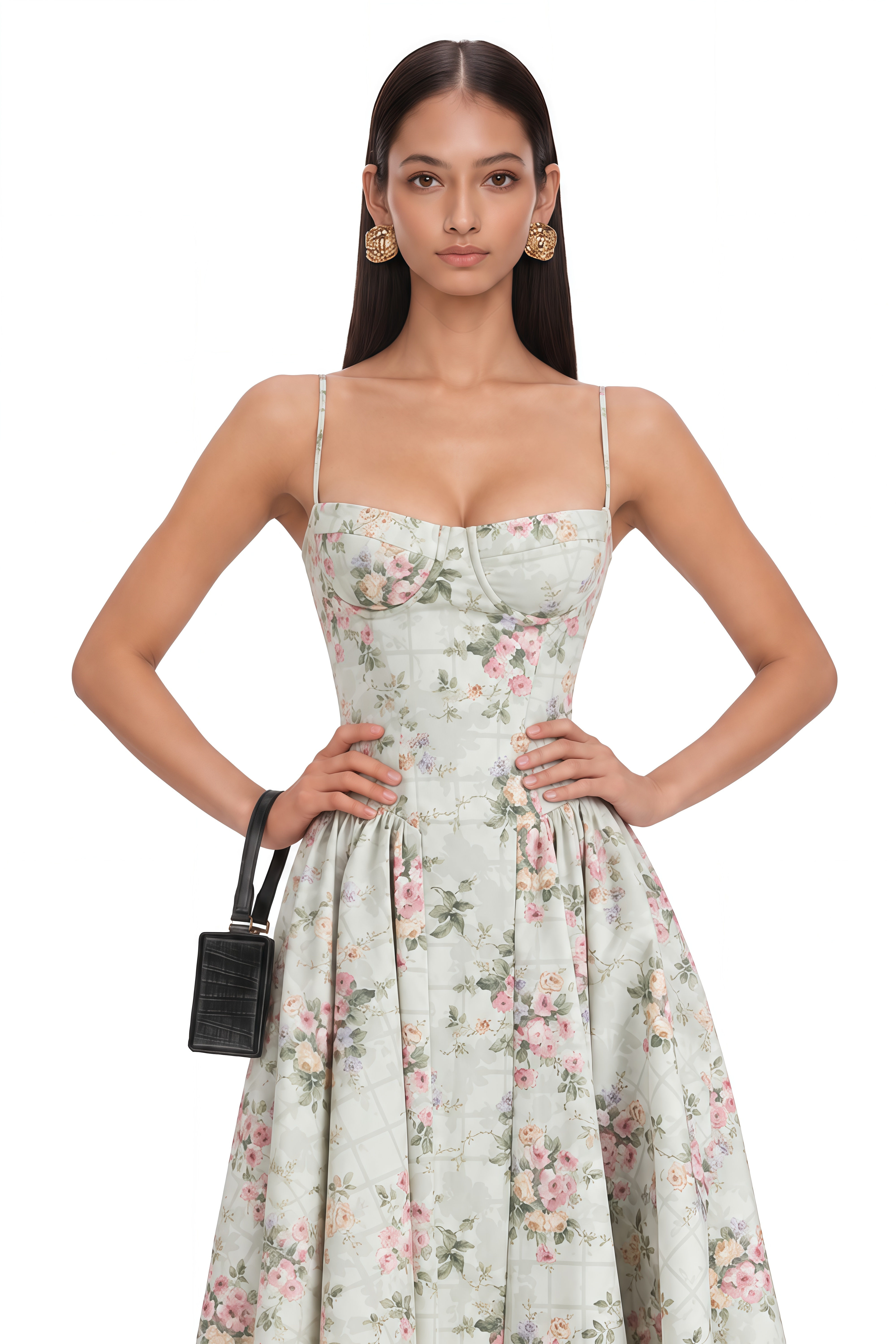 Prunelle Sage-Green Floral-Print Shirred Midi Dress