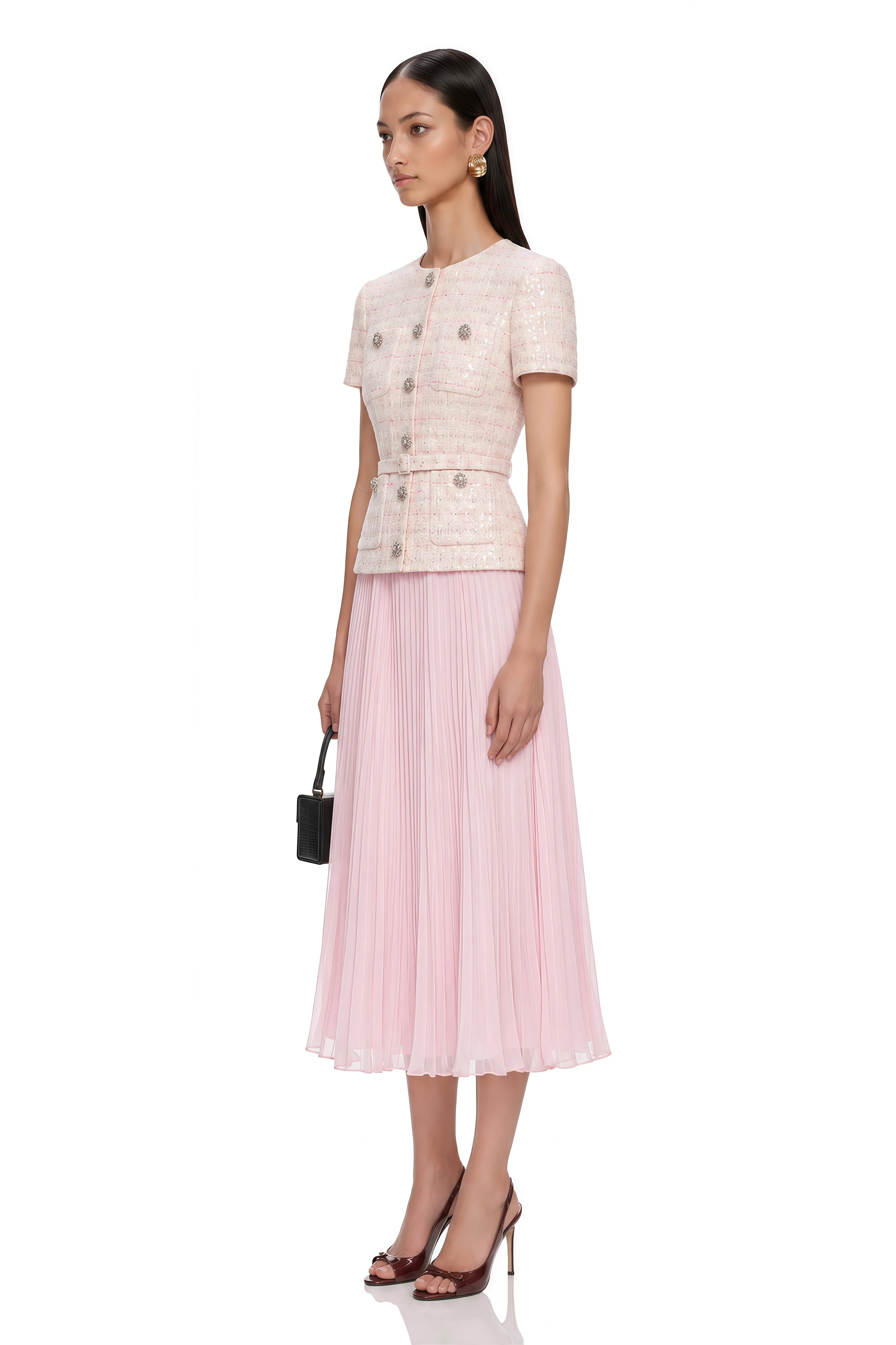 Tahmineh Pink Tweed Pleated Midi Dress