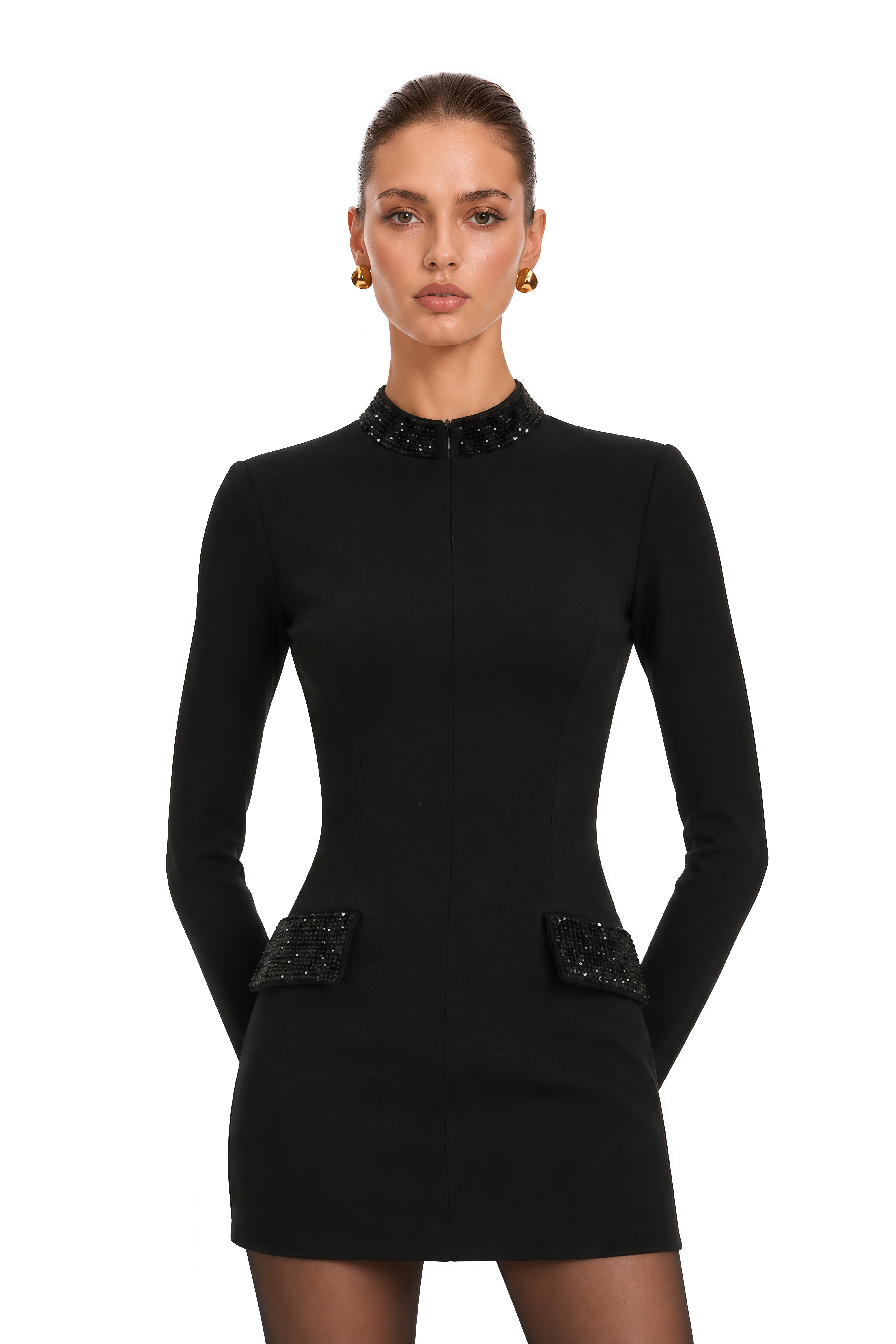 Gaelle Black Embellished Long-Sleeved Dress