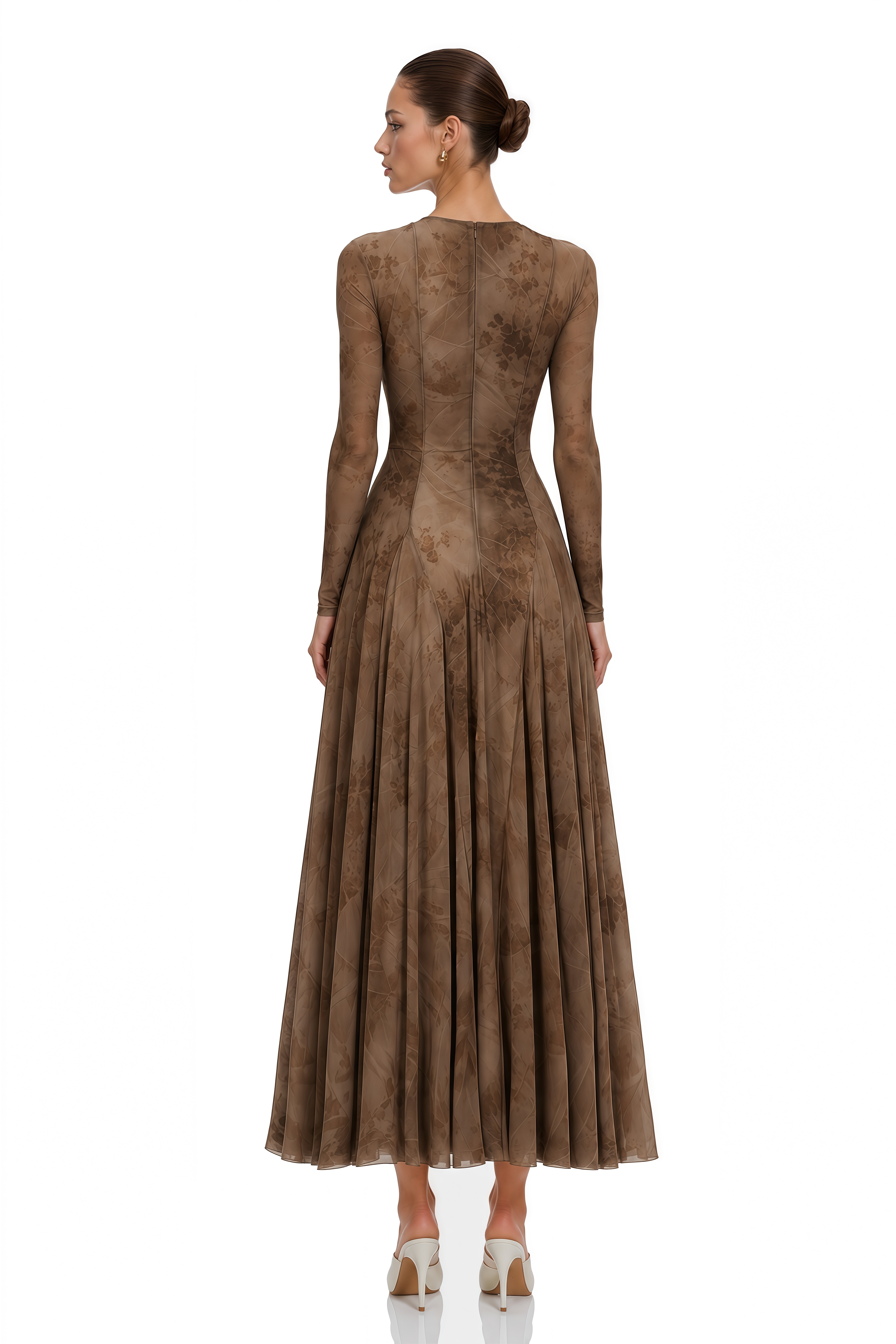 Ariadne Brown Flocked Tulle Maxi Dress