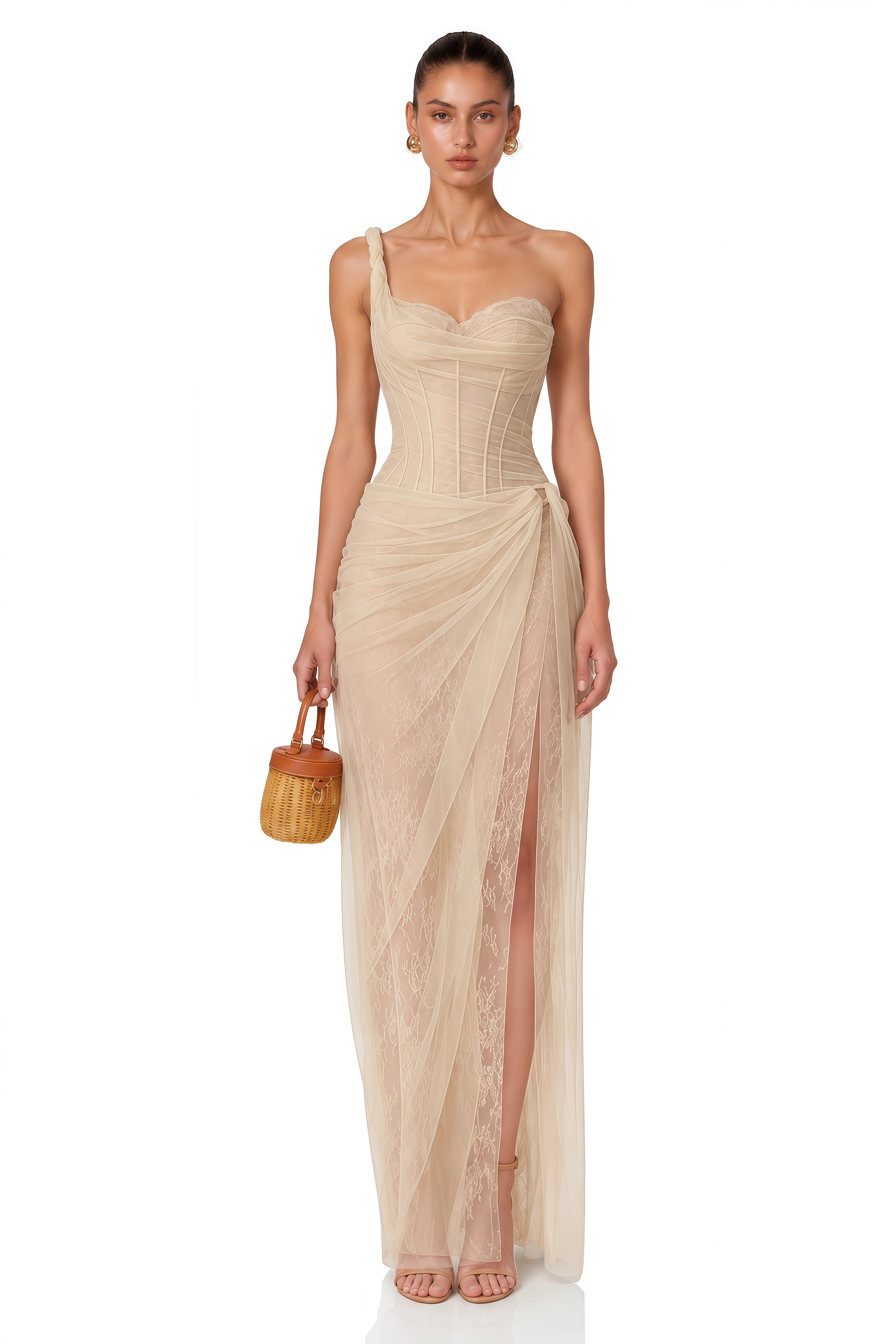 Juno Neutral Pleated Mesh Midi Dress