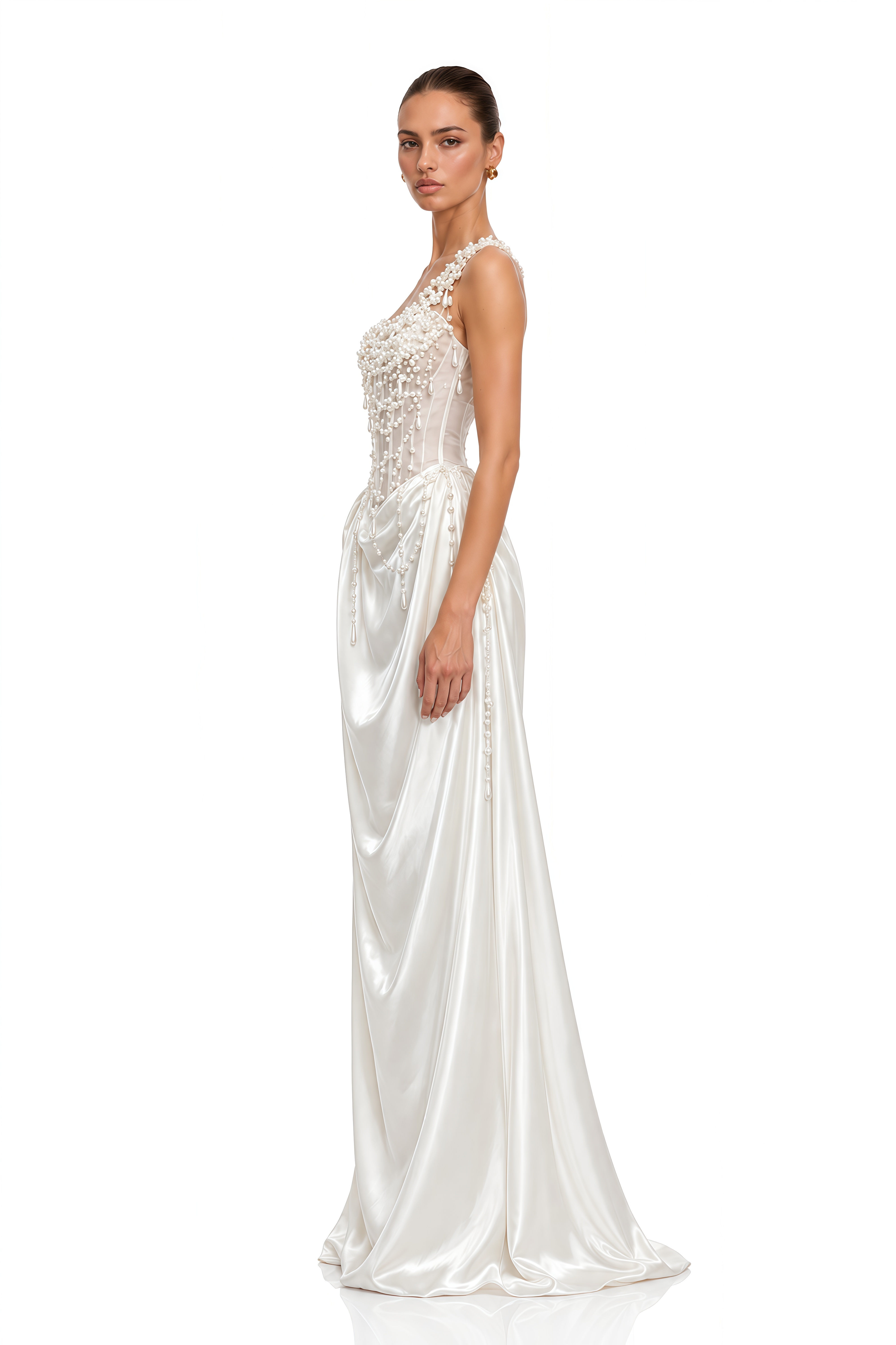 Hasti Cream White Ruched Maxi Dress with Chain Detail