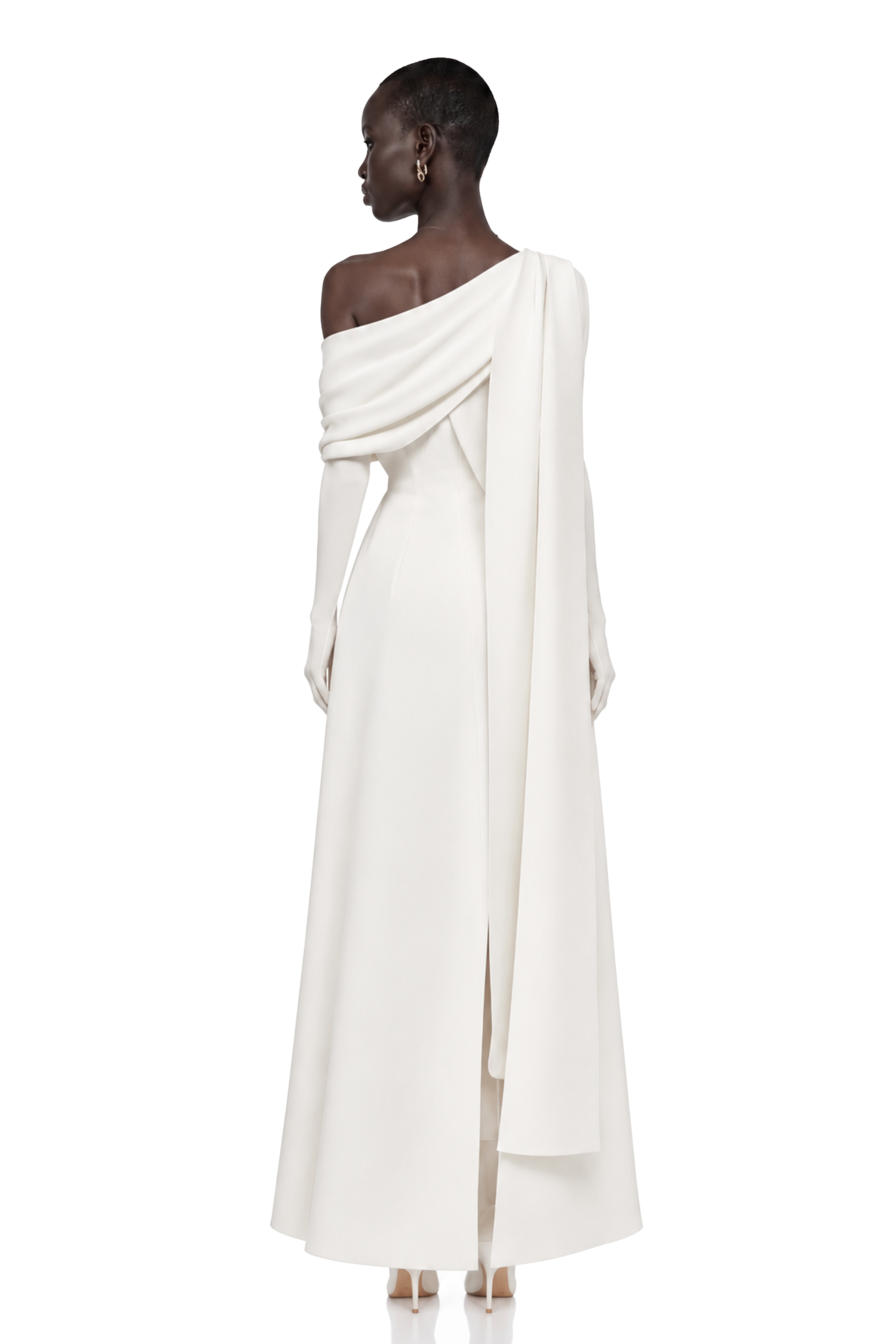 Annabelle White Cape-Design Ribbon Maxi Dress (Without Gloves)