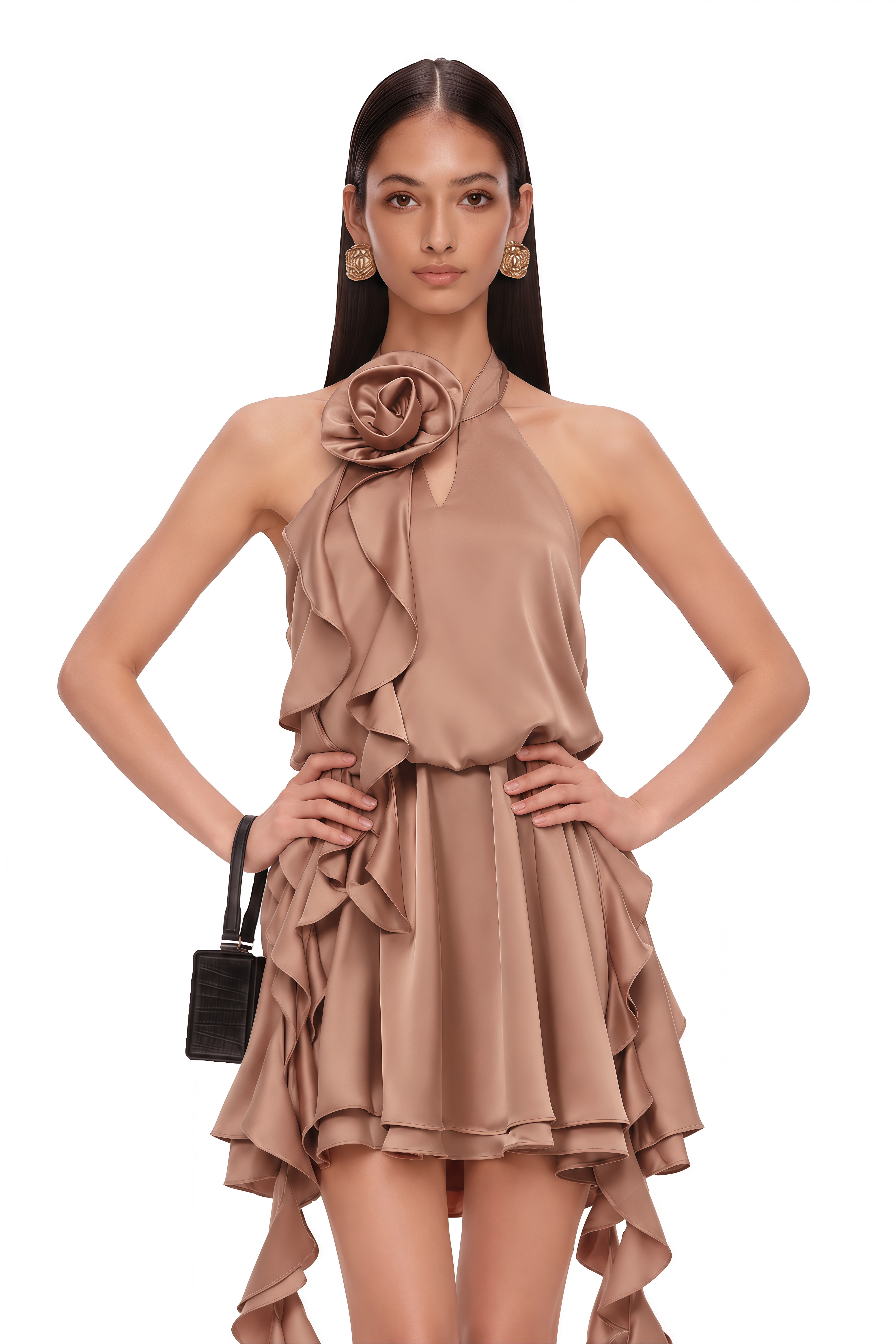 Solange Camel Halterneck Ruched Mini Dress with 3D Florals