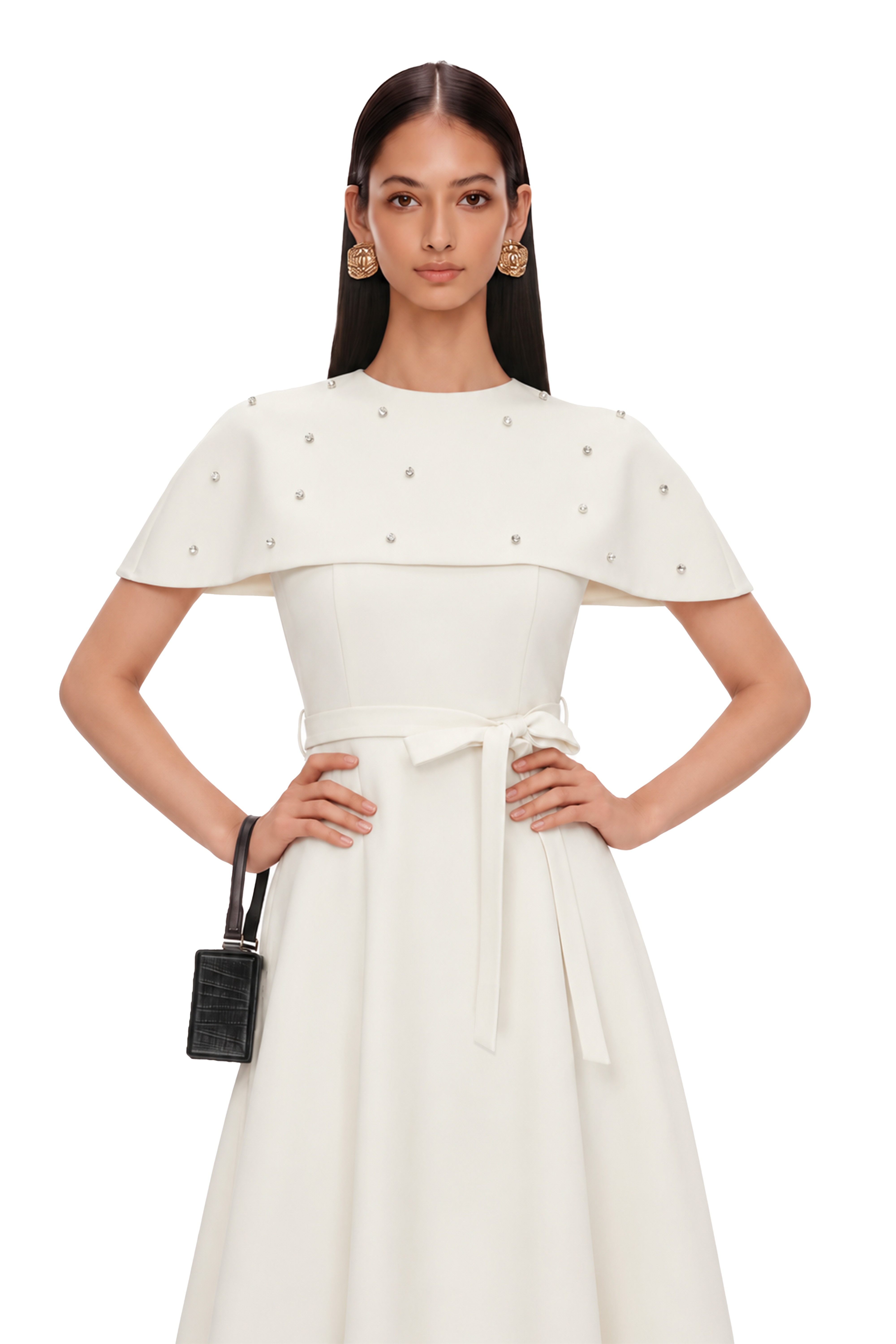 Sawda White Embellished Midi Dress with Cape