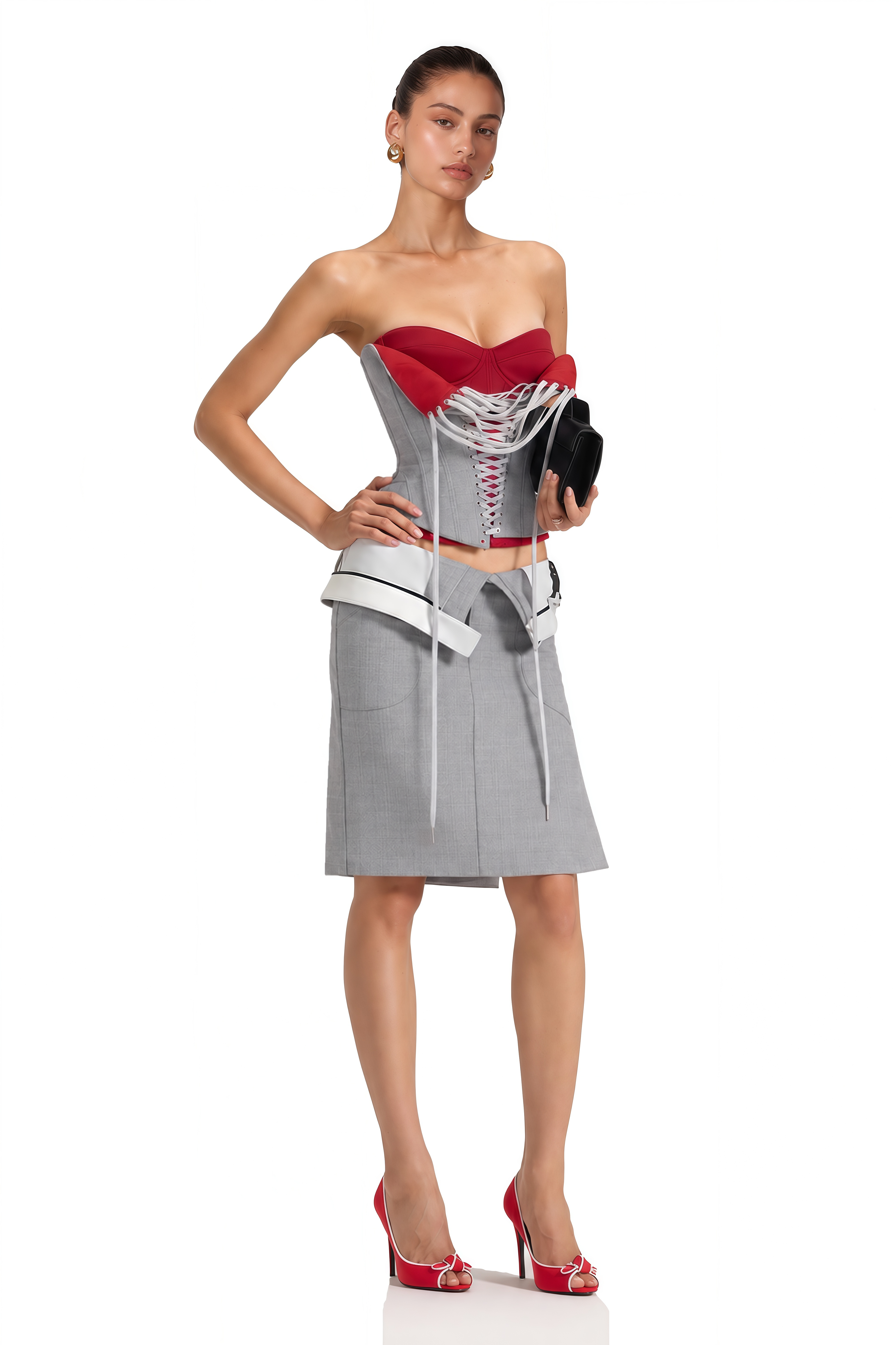 Zafira Grey Color Block Corset Top & Pencil Midi Skirt Set